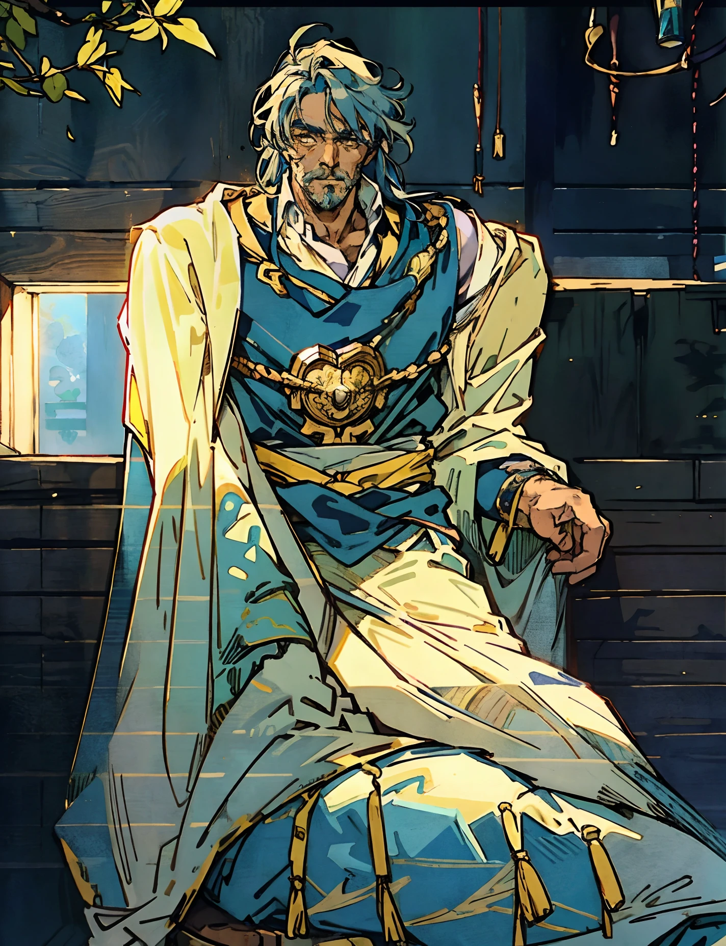 An elderly man with long thick grayish-blue hair, medium length hair, a kindly gaze, a gentle smile, a short neatly trimmed beard, a white fantasy wuxia-style outfit, a long yellow shawl over his shoulders, that shawl covering half of his body, a blue sash around his waist, traditional Chinese trousers, he sits on a wooden chair, in a forest cottage, with sunlight shining through the windows, this character embodies a finely crafted fantasy-style Chinese martial hero in anime style, characterized by an exquisite and mature manga illustration art style, high definition, best quality, highres, ultra-detailed, ultra-fine painting, extremely delicate, professional, anatomically correct, symmetrical face, extremely detailed eyes and face, high quality eyes, creativity, RAW photo, UHD, 8k, Natural light, cinematic lighting, masterpiece:1.5