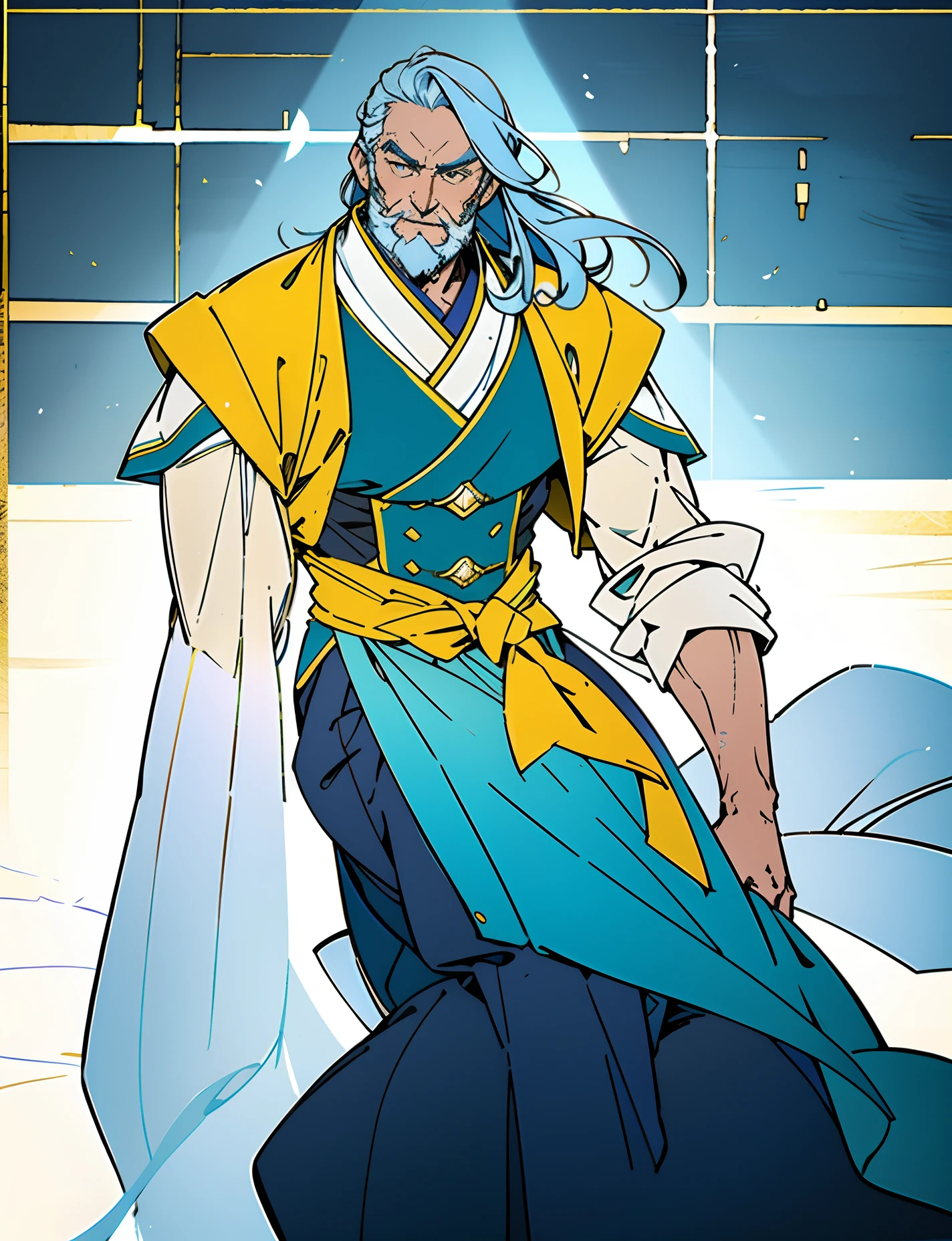 An elderly man with long thick grayish-blue hair, medium length hair, a kindly gaze, a gentle smile, a short neatly trimmed beard, a white fantasy wuxia-style outfit, a long yellow shawl over his shoulders, that shawl covering half of his body, a blue sash around his waist, traditional Chinese trousers, he sits on a wooden chair, in a forest cottage, with sunlight shining through the windows, this character embodies a finely crafted fantasy-style Chinese martial hero in anime style, characterized by an exquisite and mature manga illustration art style, high definition, best quality, highres, ultra-detailed, ultra-fine painting, extremely delicate, professional, anatomically correct, symmetrical face, extremely detailed eyes and face, high quality eyes, creativity, RAW photo, UHD, 8k, Natural light, cinematic lighting, masterpiece:1.5