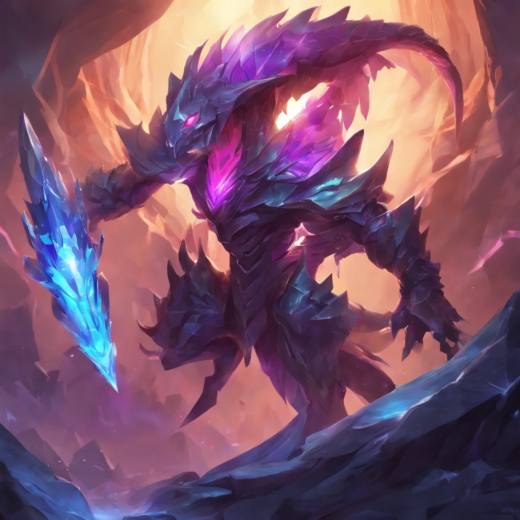 (((skarner))),crystal creature,fierce and powerful,blue and purple color palette,shimmering crystal armor,glowing red eyes,sharp claws,aggressive stance,emerging from rocky terrain,league of legends,large scorpion tail,durable exoskeleton,heroic pose,glowing energy veins,sharp crystal spikes,battle-ready,beastly presence,animated motion,crystal shards flying,energy surge,stylized fantasy,highly detailed,realistic rendering,vibrant colors,imposing figure,dynamic lighting,mythic creature,powerful and intimidating.