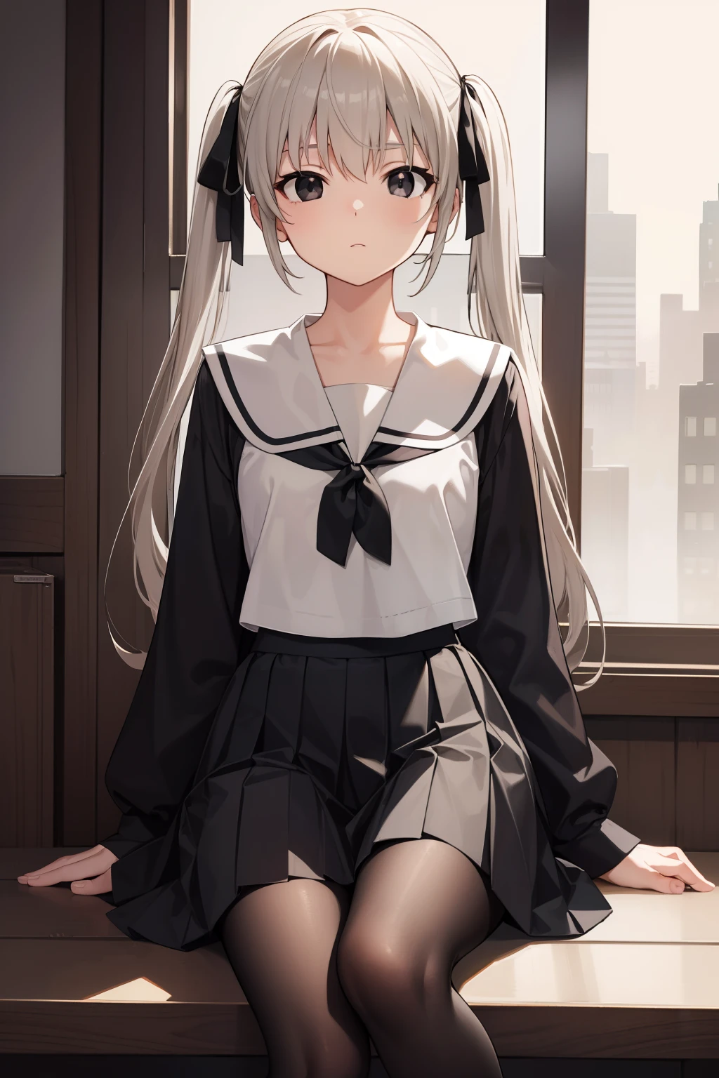 sorakasugano, sora kasugano, ahoge, (black eyes:1.5), hair between eyes, hair ribbon, long hair, twintails, black ribbon, white hair, (flat chest:1.2),
BREAK black footwear, black pantyhose, grey ribbon, grey skirt, loafers, long sleeves, miniskirt, pantyhose, pleated skirt, sailor collar, school uniform, serafuku, shoes, skirt, white sailor collar, white serafuku,
BREAK looking at viewer,
BREAK indoors,
BREAK (masterpiece:1.2), best quality, high resolution, unity 8k wallpaper, (illustration:0.8), (beautiful detailed eyes:1.6), extremely detailed face, perfect lighting, extremely detailed CG, (perfect hands, perfect anatomy),