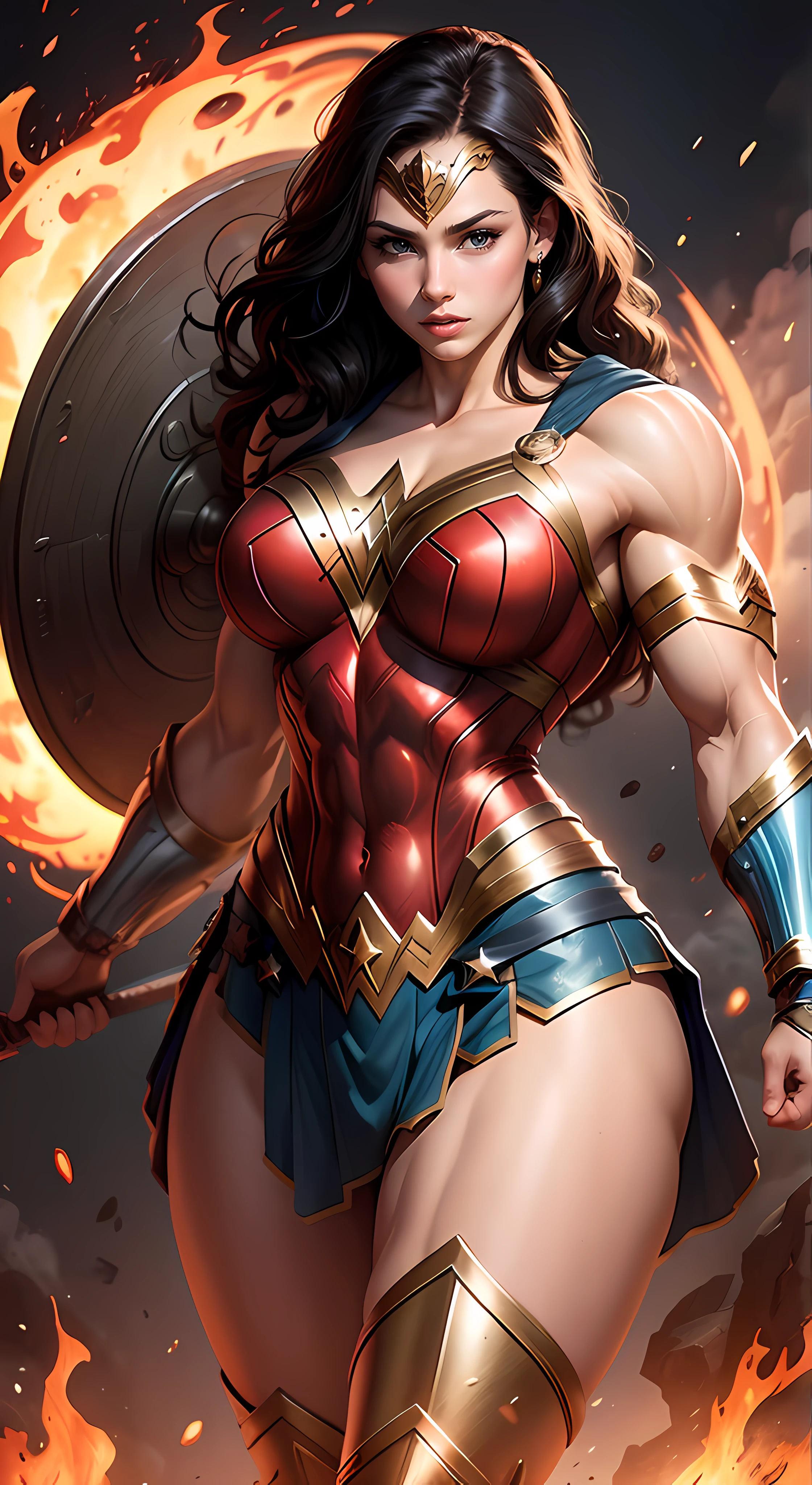 (Sexy Wonder Woman outfit: 3.5), ((highest quality)), ((Masterpiece)), (detail), background ultra muscular warriors training, (high resolution: 3) full body, full head, Katheryn Winnick dressed as Wonder Woman flexing biceps, ((intricate details, makeup), (beautiful face, perfectly proportioned face), (giant breasts: 3.95), high detail skin, thick skin, enormous very muscular bald, best proportions, friendly look,  lips, makeup, massive and marked muscles, sexy, elastic (muscles: 3), ((strong and healthy body)), ((more) muscles)), black hair, white skin, barefoot, long legs, curves, very thick and very muscular legs, wide and large muscular buttocks, thick legs, showing buttocks, thin waist, soft waist, (detailed skin), (shiny skin), (beautiful and sexy woman), (swollen lips: 0.9), (eyelashes: 1.2),  very strong muscle size and large veins), wide and muscular shoulders, prominent trapezoids, very detailed, very curvaceous legs, full arm, (16k wallpaper), high detail, sharp focus, cinematic, ,