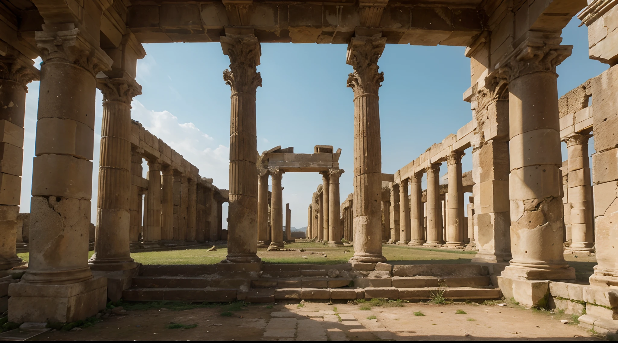 A detailed image of a ruined ancient city, with columns and architectural structures still visible, evoking a sense of history and mystery.