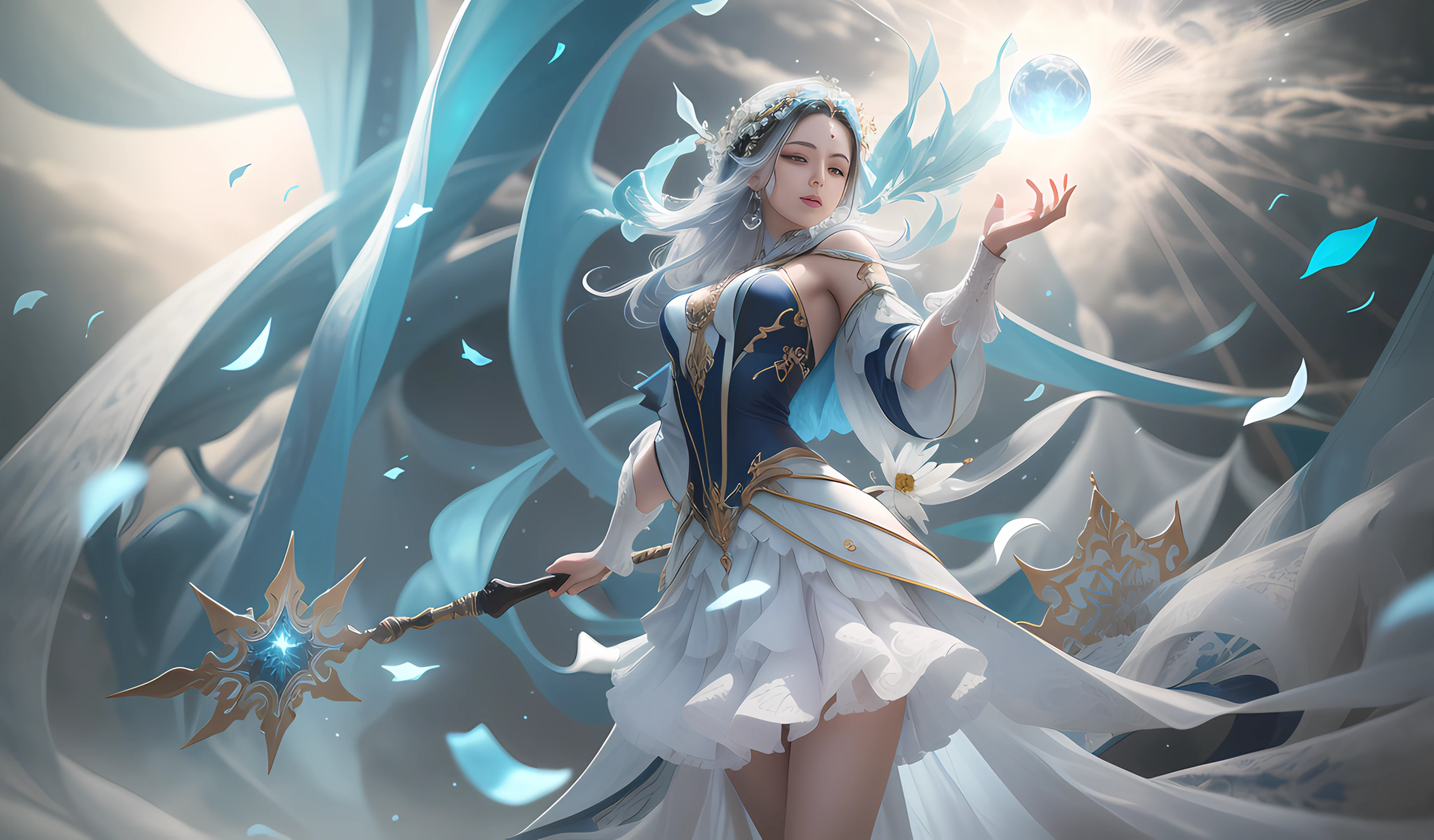 In a mystical realm, a white wind sorceress stands gracefully atop a high cliff, overlooking a vast expanse of open skies. Seu traje, as pure and delicate as wisps of clouds, dances elegantly with the gentle breeze, embodying the very essence of air. With eyes as clear and tranquil as a boundless horizon, she exudes a profound connection to the element of air.
Nesta paisagem encantadora, the flora sways in perfect harmony with the whispering wind, as if rejoicing in the presence of the air mage. The breeze carries a magical whisper, hinting at her mystical abilities. Ao seu redor, tiny particles of white dust and dandelion seeds float gracefully in the air, a mesmerizing display of her command over this life-giving element.
Capturado por Paolo Raeli com uma Nikon Z6 II e uma lente macro, A fotografia encapsula lindamente a unidade perfeita entre o Mago do Vento Branco e o mundo natural. The interplay of natural light and studio lighting enhances the ethereal ambiance, perfectly capturing the enchantment of this magical encounter amid the serene and captivating realm of the white wind.