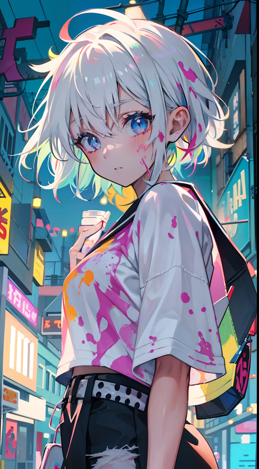 anime girl, face is full of paint, white ears, short messy hair, white shirt with paint stains, street background, neon style, with vibrant colors and sharp details