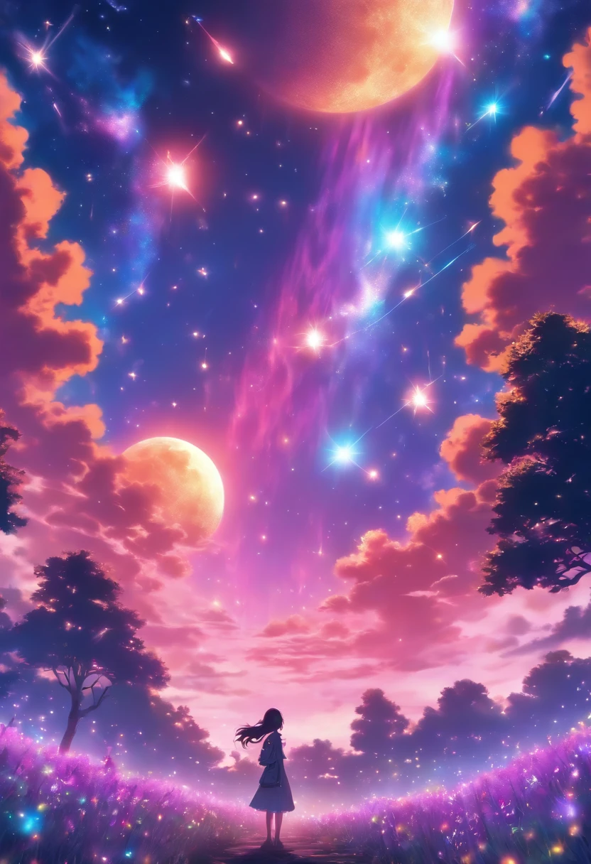 expansive landscape photograph , (a view from below that shows sky above and open field below), a girl standing on flower field looking up, (full moon:1.2), ( shooting stars:0.9), (nebula:1.3), distant mountain, tree BREAK
production art, (warm light source:1.2), (Firefly:1.2), lamp, lot of purple and orange, intricate details, volumetric lighting BREAK
(masterpiece:1.2), (best quality), 4k, ultra-detailed, (dynamic composition:1.4), highly detailed, colorful details,( iridescent colors:1.2), (glowing lighting, atmospheric lighting), dreamy, magical, (solo:1.2)
