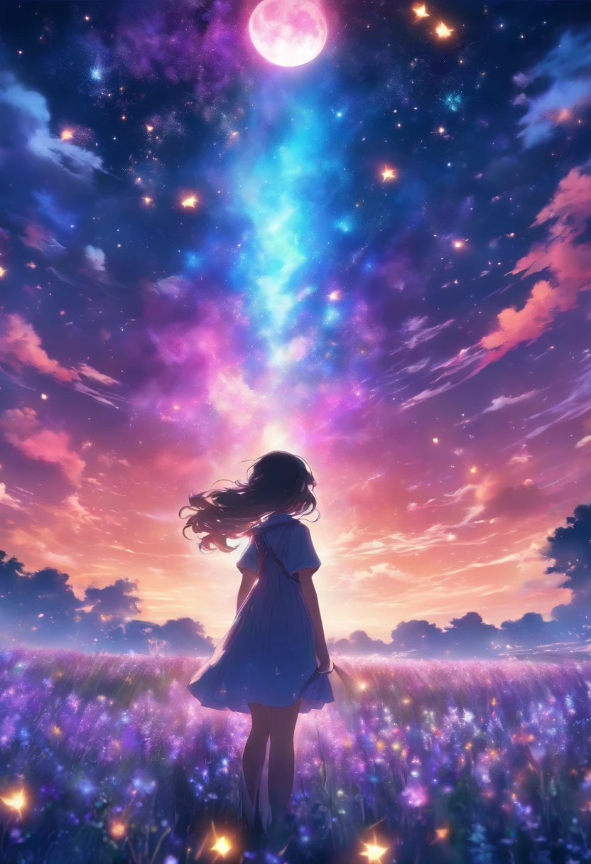 expansive landscape photograph , (a view from below that shows sky above and open field below), a girl standing on flower field looking up, (full moon:1.2), ( shooting stars:0.9), (nebula:1.3), distant mountain, tree BREAK
production art, (warm light source:1.2), (Firefly:1.2), lamp, lot of purple and orange, intricate details, volumetric lighting BREAK
(masterpiece:1.2), (best quality), 4k, ultra-detailed, (dynamic composition:1.4), highly detailed, colorful details,( iridescent colors:1.2), (glowing lighting, atmospheric lighting), dreamy, magical, (solo:1.2)