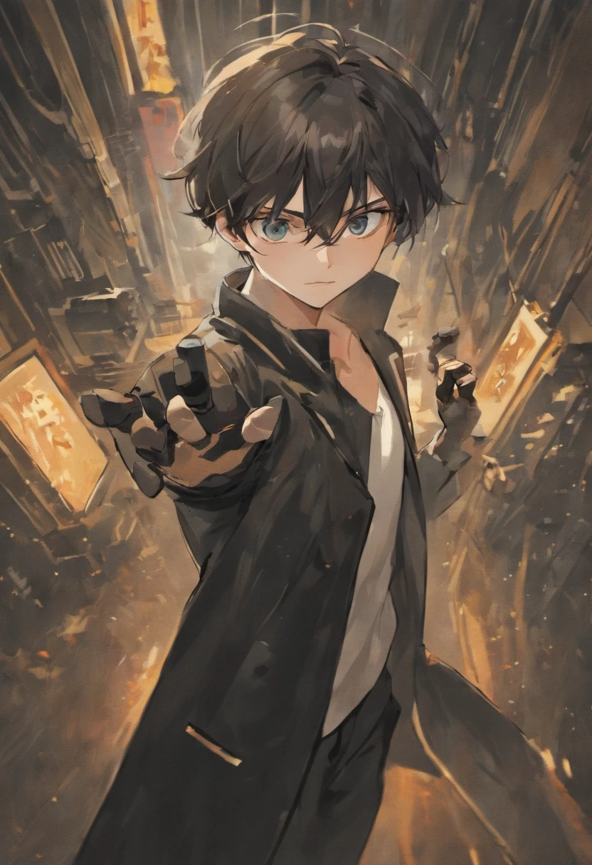 Masterpiece, a man in his 20s, has a well-built body, wearing a white shirt combined with a double-breasted black leather vest, a long black coat. He has a handsome face, sharp black eyes, neatly combed back black hair, well-proportioned face, cold expression, height 190cm, wearing black gloves. Perfect anatomy, perfect face, perfect hands, very detailed eye drawing with background painting with WLOP drawing style, WLOP drawing, WLOP painting, perfect painting drawing style, light novel illustration.