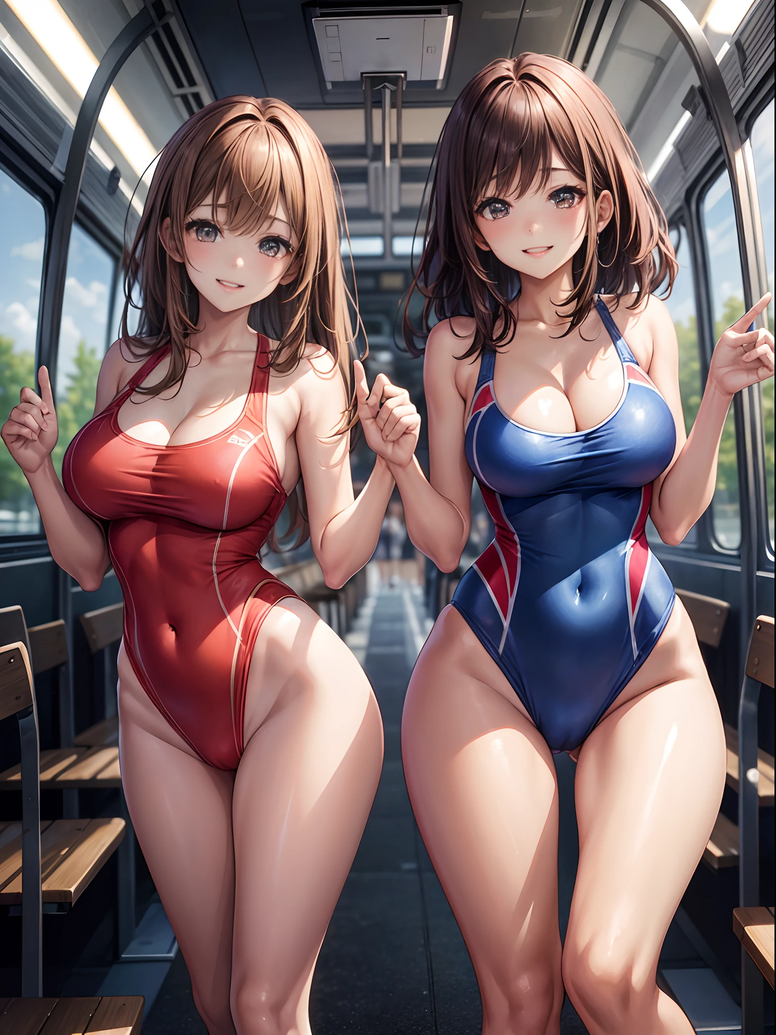 top-quality、Full limbs、complete fingers、Many women wear competition swimsuits、Beautiful Large Breasts、Brown-haired woman、straight haired、Woman with waist-length hair、Woman in blue and red competitive swimsuit、Brown pantyhose、in the bus、A big smile、Naughty Poses