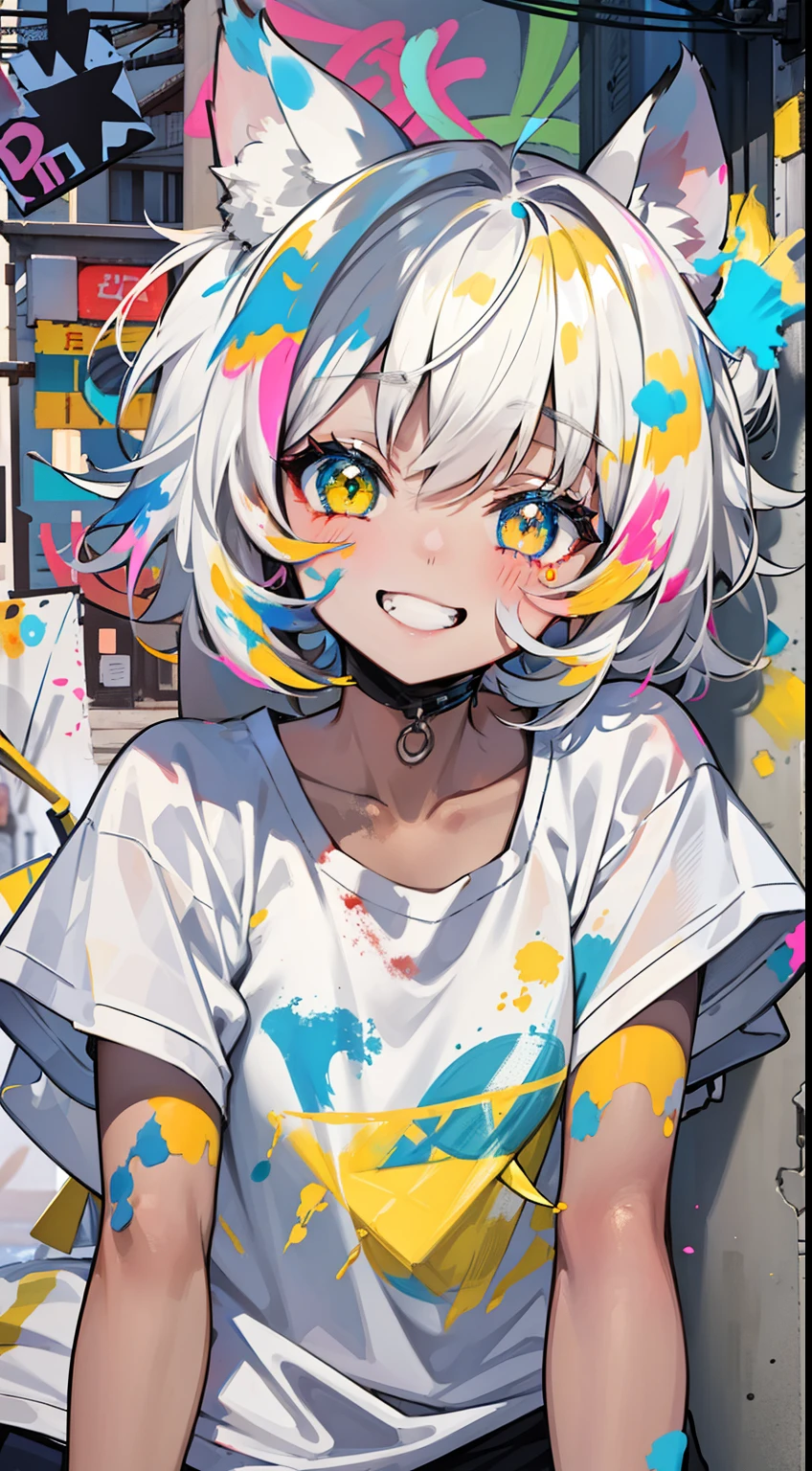 anime girl, face is full of paint, cute heartwarming smile, white ears, short messy hair, white shirt with paint stains, street background, neon style, with vibrant colors and sharp details