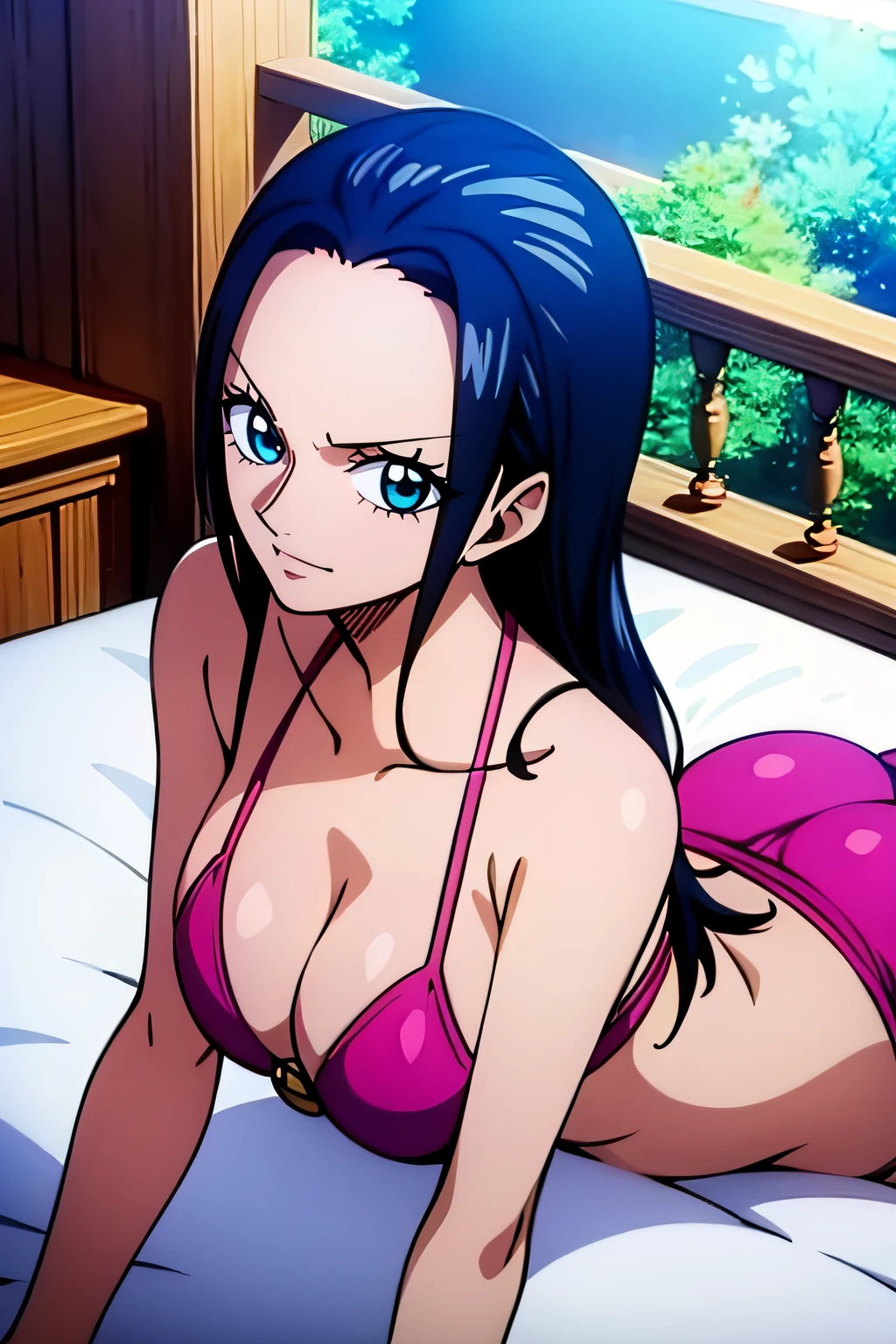 Robin de One Piece, Pose sexy, Y si , Elly, Premios rojo, 8k, anime, ribera, Gran Theta, grande, Se ve sexy perfecta calidad ojos ojos azules, Bikini rosa, Bikini rosa, cama, Casa, Noche, ojos azules, ASS, culo,