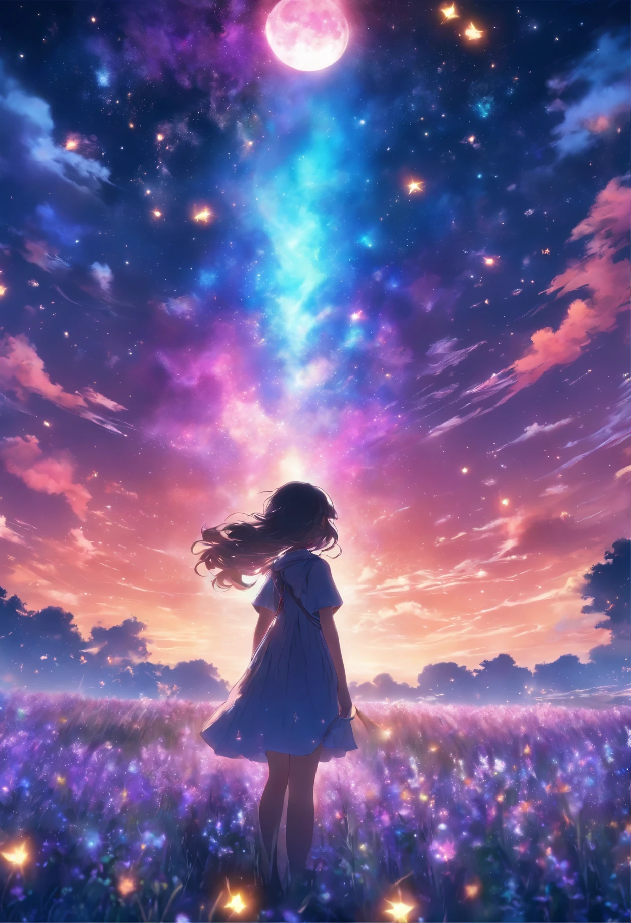 expansive landscape photograph , (a view from below that shows sky above and open field below), a girl standing on flower field looking up, (full moon:1.2), ( shooting stars:0.9), (nebula:1.3), distant mountain, tree BREAK
production art, (warm light source:1.2), (Firefly:1.2), lamp, lot of purple and orange, intricate details, volumetric lighting BREAK
(masterpiece:1.2), (best quality), 4k, ultra-detailed, (dynamic composition:1.4), highly detailed, colorful details,( iridescent colors:1.2), (glowing lighting, atmospheric lighting), dreamy, magical, (solo:1.2)