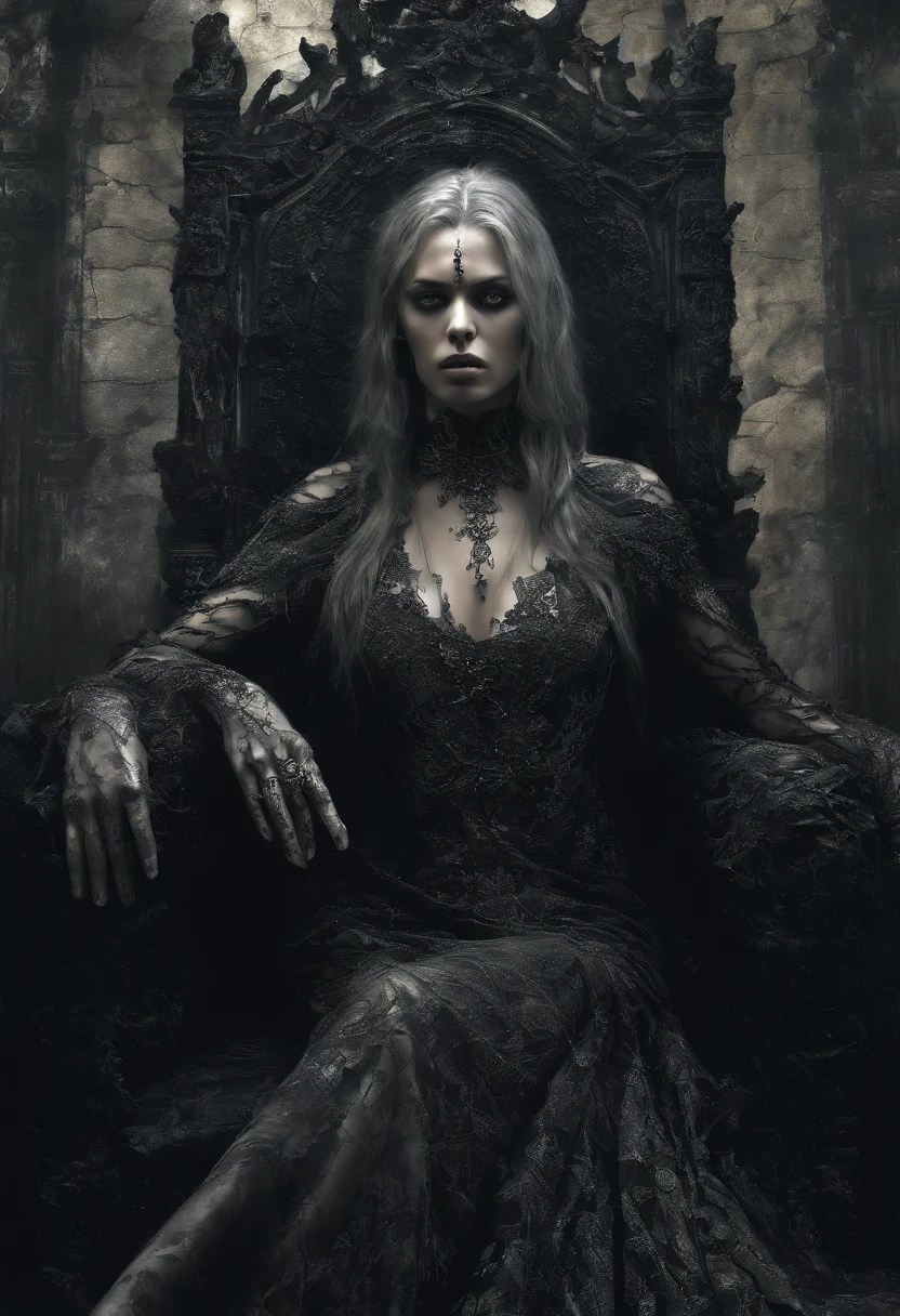 (highres:1.2, realistic:1.37),Mother Miranda from Resident Evil,beautiful intense eyes,striking facial features,fierce expression,mesmerizing gaze,long flowing silver hair,regal and elegant posture,luxurious black dress with intricate lace details,illusion of shimmering crystal veins on her skin,golden jewelry adorning her neck and fingers,mysterious atmosphere with dim candlelight in the background,eerie shadows dancing around her,powerful aura emanating from her,subtle hints of supernatural powers in her surroundings,dark, gothic setting with ancient ruins and mystical artifacts,imposing stone throne as her seat,dramatic pose with one hand resting on the arm of the throne,an air of dominance and authority,subtle hints of a hidden agenda and intrigue,sublime balance of beauty and danger,presence exuding both elegance and menace.