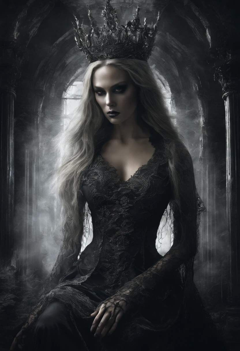 (highres:1.2, realistic:1.37),Mother Miranda from Resident Evil,beautiful intense eyes,striking facial features,fierce expression,mesmerizing gaze,long flowing silver hair,regal and elegant posture,luxurious black dress with intricate lace details,illusion of shimmering crystal veins on her skin,golden jewelry adorning her neck and fingers,mysterious atmosphere with dim candlelight in the background,eerie shadows dancing around her,powerful aura emanating from her,subtle hints of supernatural powers in her surroundings,dark, gothic setting with ancient ruins and mystical artifacts,imposing stone throne as her seat,dramatic pose with one hand resting on the arm of the throne,an air of dominance and authority,subtle hints of a hidden agenda and intrigue,sublime balance of beauty and danger,presence exuding both elegance and menace.