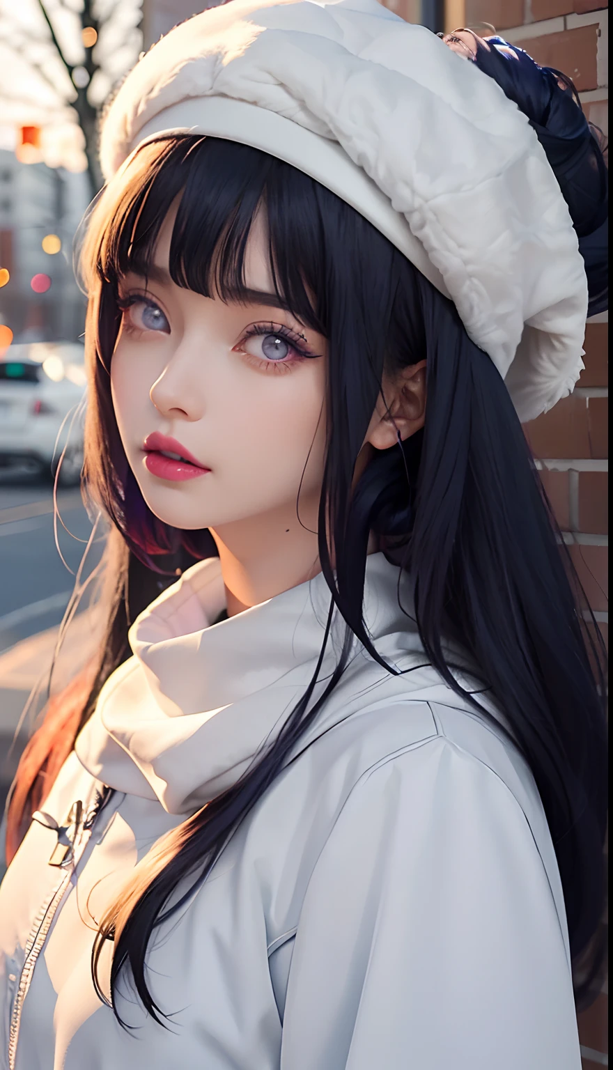 a close up of a person with long hair and a hoodie, hinata hyuga, hinata hyuga from naruto, from naruto, as an anime character, perfect anime face, she has dark blue hair with bangs, female anime character, anime character, anime best girl, hime cut hairstyle, dark blue hair, (red glossy lips:1.3), light purple eyes, big breasts, realistic, ultra detail, indoor background