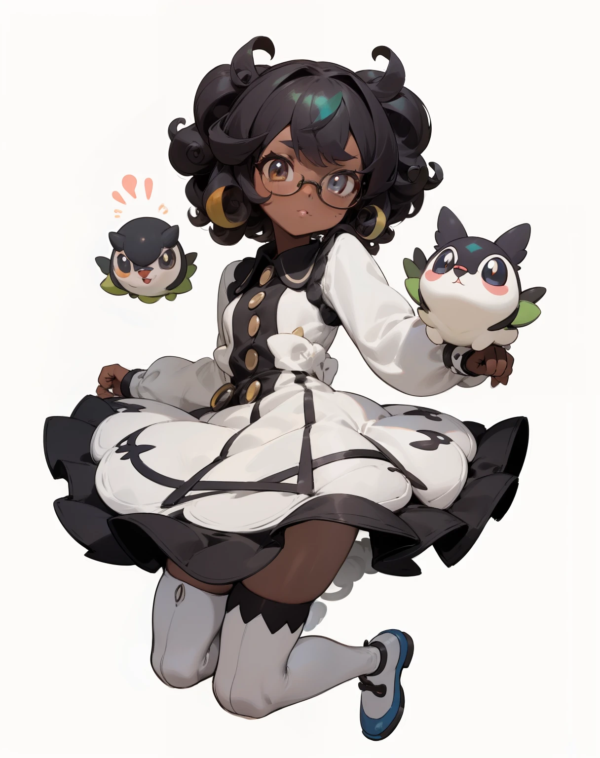 1GIRL, cute girl, finely detailed, (best quality), (intricate details), cute style, tanned dark skin, loli, pokémon trainer style, bug type pokémon trainer, pet pokémon, multicolored, ((black ringlet curly hair)), best quality, ((short puffy long sleeve dress)), thick thighs, wears glasses, ((white dress)), ((white thigh high socks)), ((round eyes)), beautiful face, cute face, pinup, perfect face, simple background portrait, full body