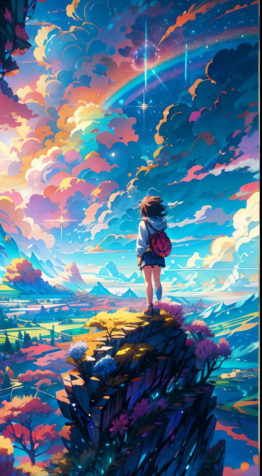 masterpiece anime girl standing on a rock looking at a rainbow, star filled sky, makoto shinkai cyril rolando, anime art wallpaper 4k, anime art wallpaper 4 k, anime art wallpaper 8 k, cosmic skies. by makoto shinkai, inspired by Cyril Rolando, in the style dan mumford artwork, amazing wallpaper, by Yuumei