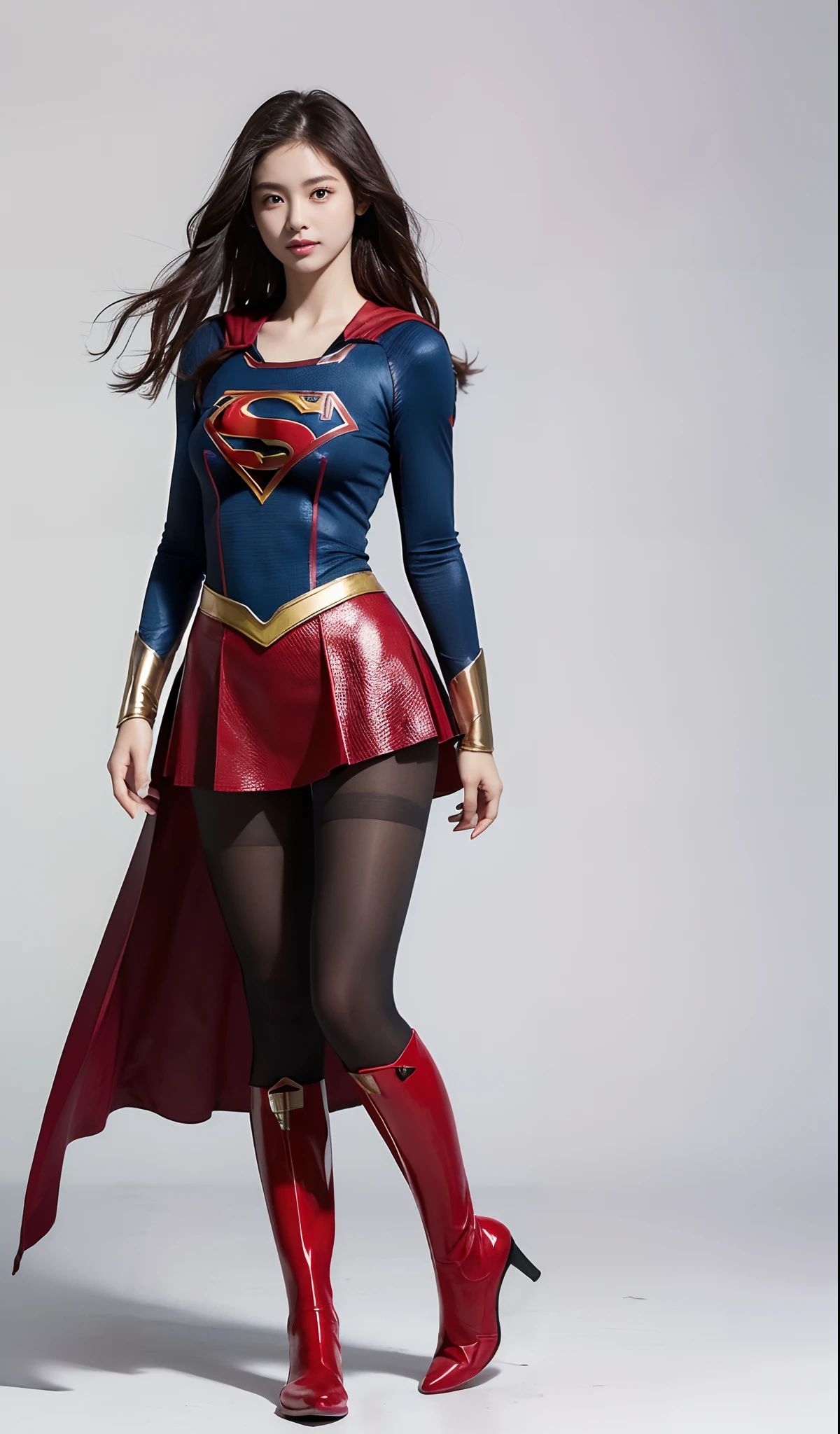 (((Wear black tights on your beautiful legs.)))、(((Grow legs、tall、beauty legs)))、(((facial expression of smile)))、((((Make the most of the original image)))、(((Supergirl Costume)))、(((beautiful hairl)))、(((Suffering)))、(((Feet must necessarily be worn with black tights)))、(((You need to wear red boots)))、((Top image quality、8K))、((top-quality、8K、masterpiece:1.3))、(((Keep your background simple)))、Crisp focus:1.2、Beautiful woman with perfect body shape:1.4、Slender Abs:1.2、a wet body:1.5、Highly detailed facial and skin texture、8K