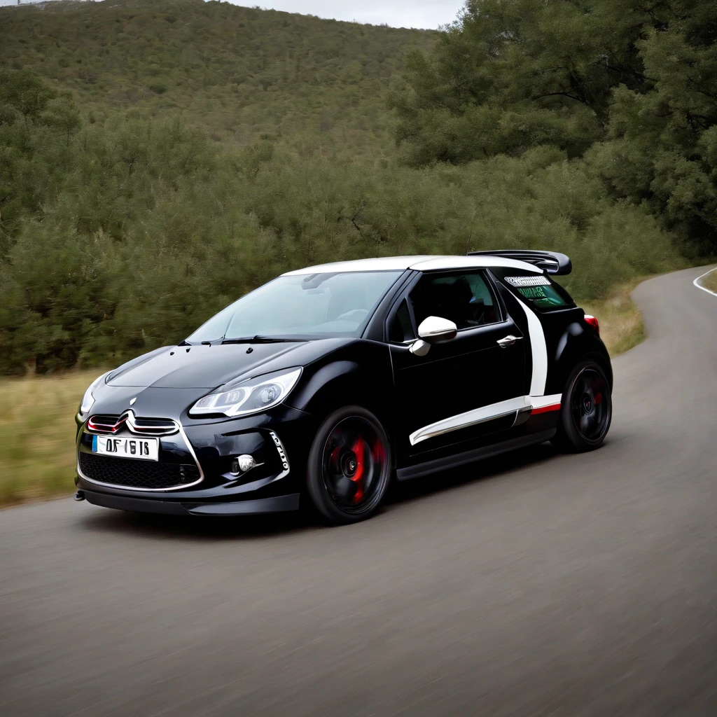 Citroen DS3 modelo 2017, faróis full-led, bodykit de rally |, car with racing graphics in the colors of the French flag. Prevailing Dark Scenery, a noite. Rhodes Oz Superturismo.