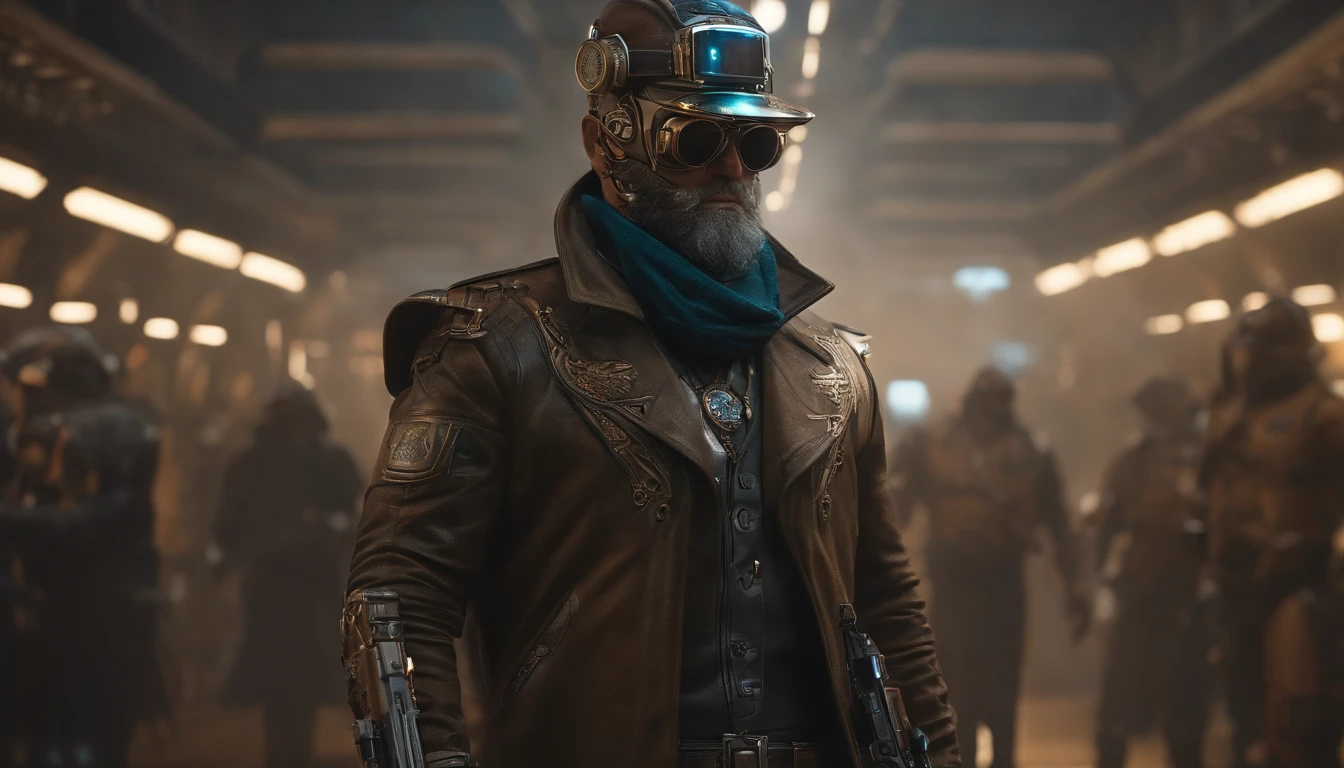 There's a man with a beard and hat with a machine, Cyber Steampunk 8 K 3D, Velho cyberpunk, Papel de parede solarpunk 4k, Arte digital altamente detalhada em 4k, cyber steampunk, soldado futurista, cyber space cowboy, epic scifi character art, sci - personagem de fi, Epic Sci - Arte do Personagem de Fi:, Epic Sci-Fi Character Art