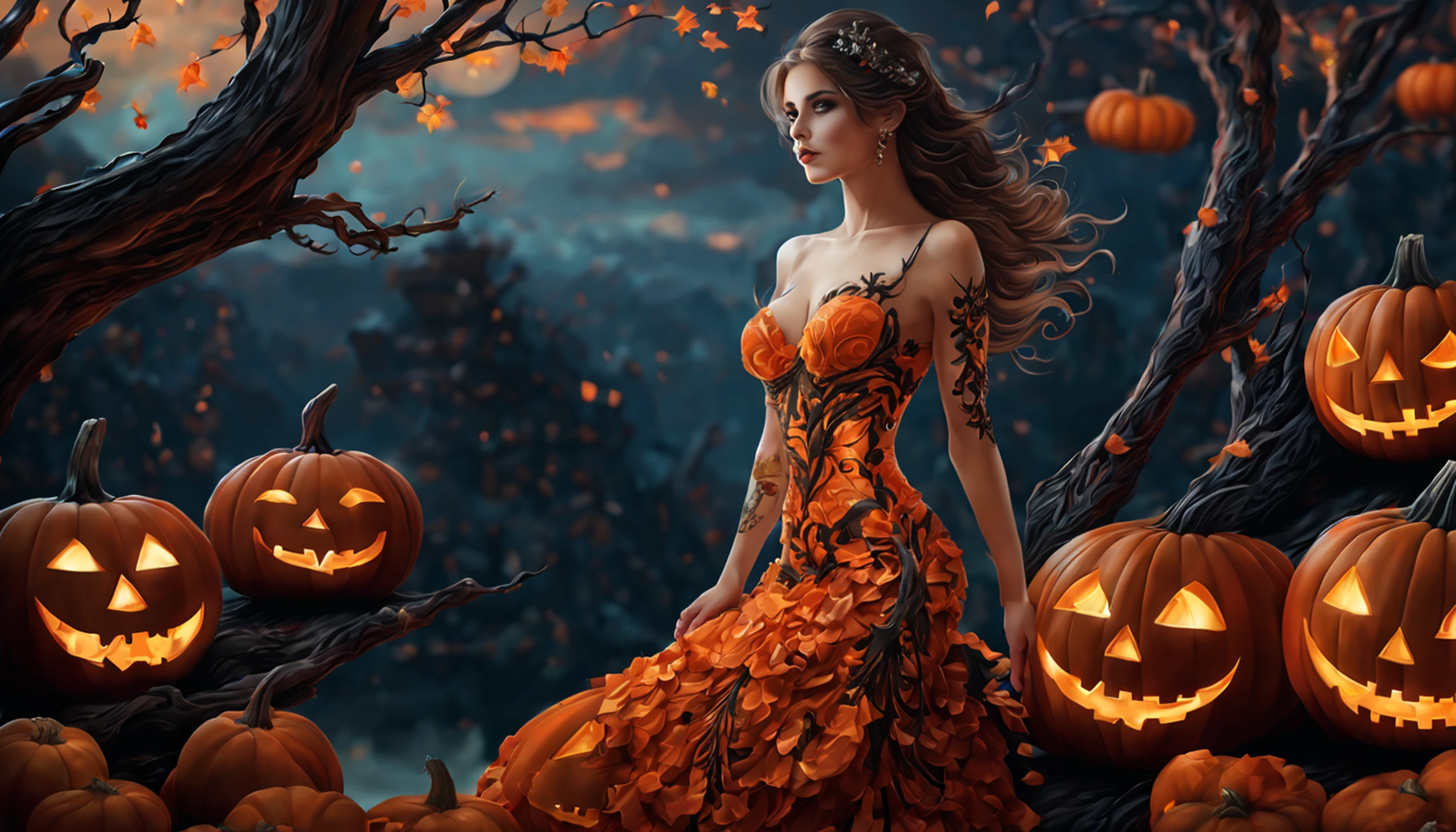 1girl, Luxurious clothing with elaborate decorations, tecido stretch em relevo de spandex texturizado, apliques de strass, Manchas de renda, Caminhe na paisagem enevoada, noite escura, Silhouettes of dead trees, luzes fracas, Themed Helloween, Pumkins em todos os lugares, Arte hiperdetalhada, Altas,
