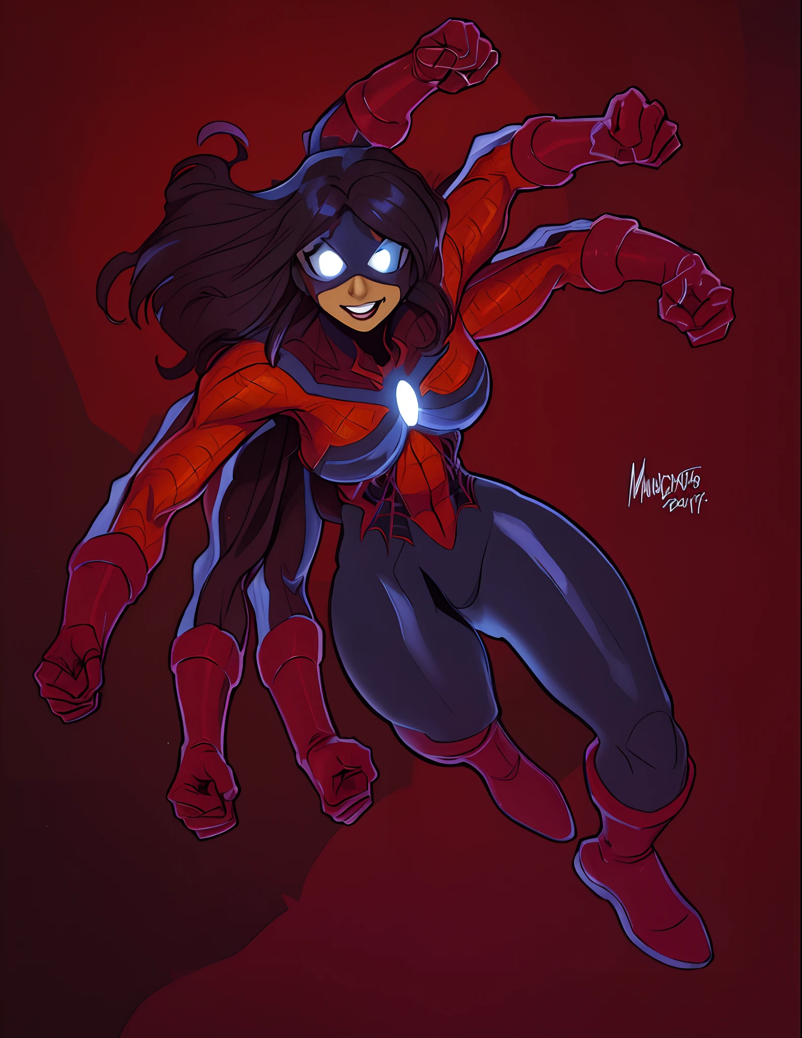 um close up de uma mulher em um traje preto e vermelho, Mulher Aranha, ( ( Mulher-Aranha ) ), Mulher-Aranha!!!!!, Mulher-Aranha!!, nerdy black girl super hero, Lara Croft como Mulher-Aranha, Directed by: Ryan Stegman, inspired by José Comas Quesada, dark goddess with six arms, inspirado em Ryan Stegman, nova, full-colour illustration