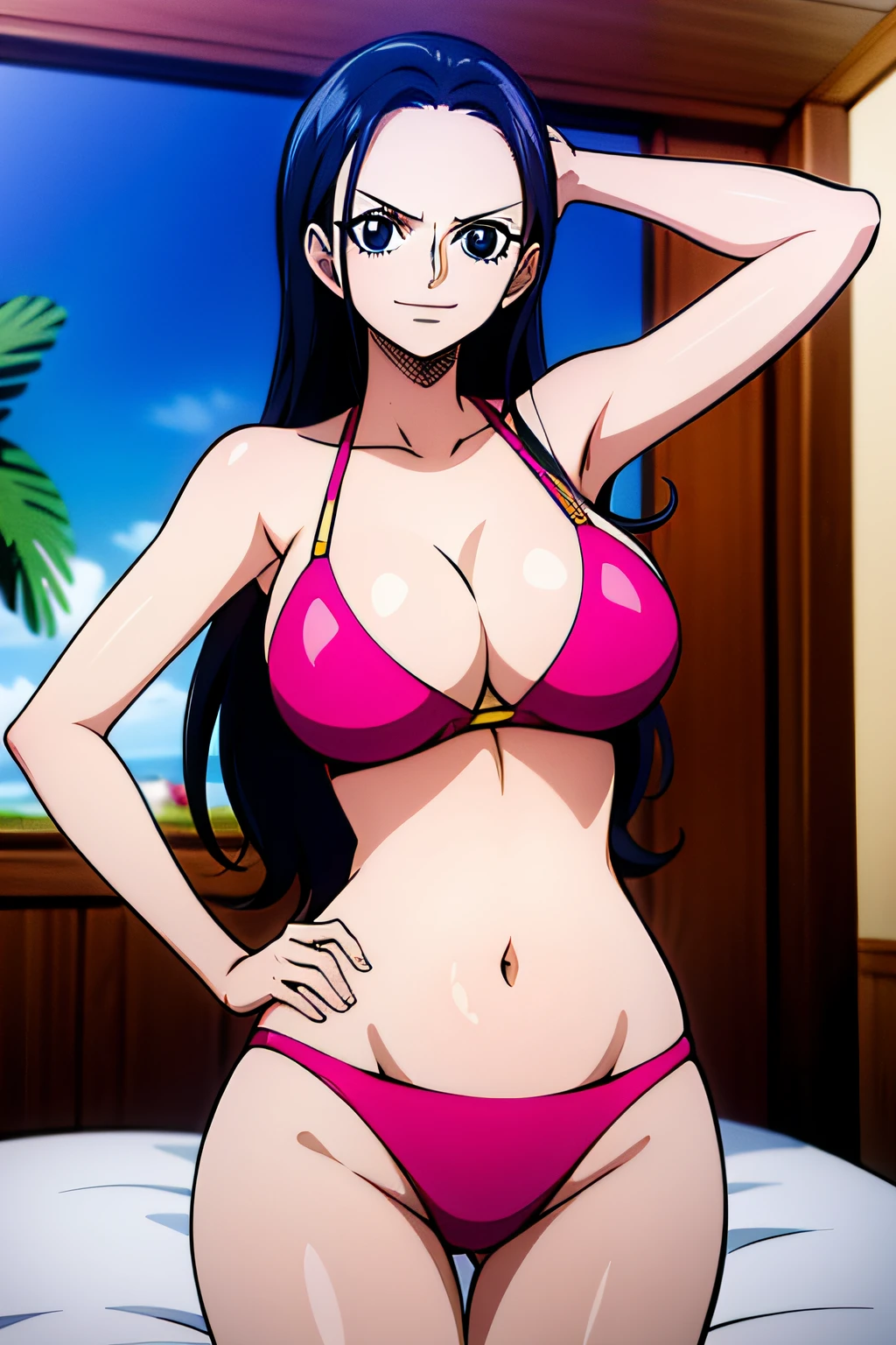 Robin de One Piece, Pose sexy, Y si , Elly, Premios rojo, 8k, anime, ribera, Gran Theta, grande, Se ve sexy perfecta calidad ojos ojos azules, Bikini rosa, Bikini rosa, cama, Casa, Noche, ojos azules, ASS, culo,