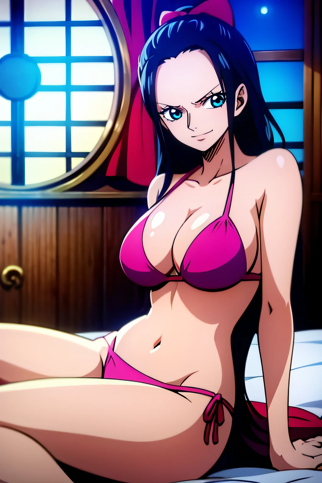 Robin de One Piece, Pose sexy, Y si , Elly, Premios rojo, 8k, anime, ribera, Gran Theta, grande, Se ve sexy perfecta calidad ojos ojos azules, Bikini rosa, Bikini rosa, cama, Casa, Noche, ojos azules, ASS, culo,