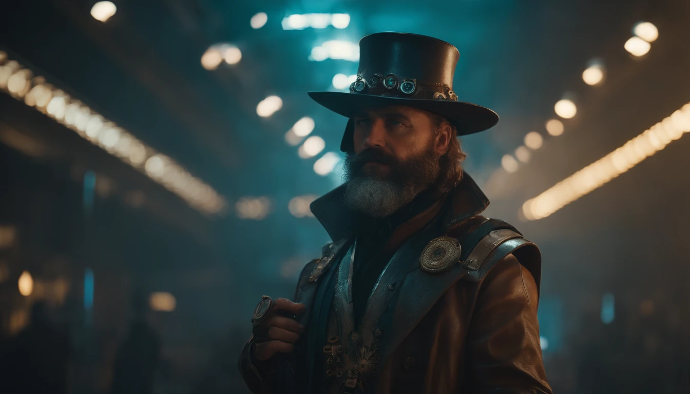 There's a man with a beard and hat with a machine, Cyber Steampunk 8 K 3D, Velho cyberpunk, Papel de parede solarpunk 4k, Arte digital altamente detalhada em 4k, cyber steampunk, soldado futurista, cyber space cowboy, epic scifi character art, sci - personagem de fi, Epic Sci - Arte do Personagem de Fi:, Epic Sci-Fi Character Art