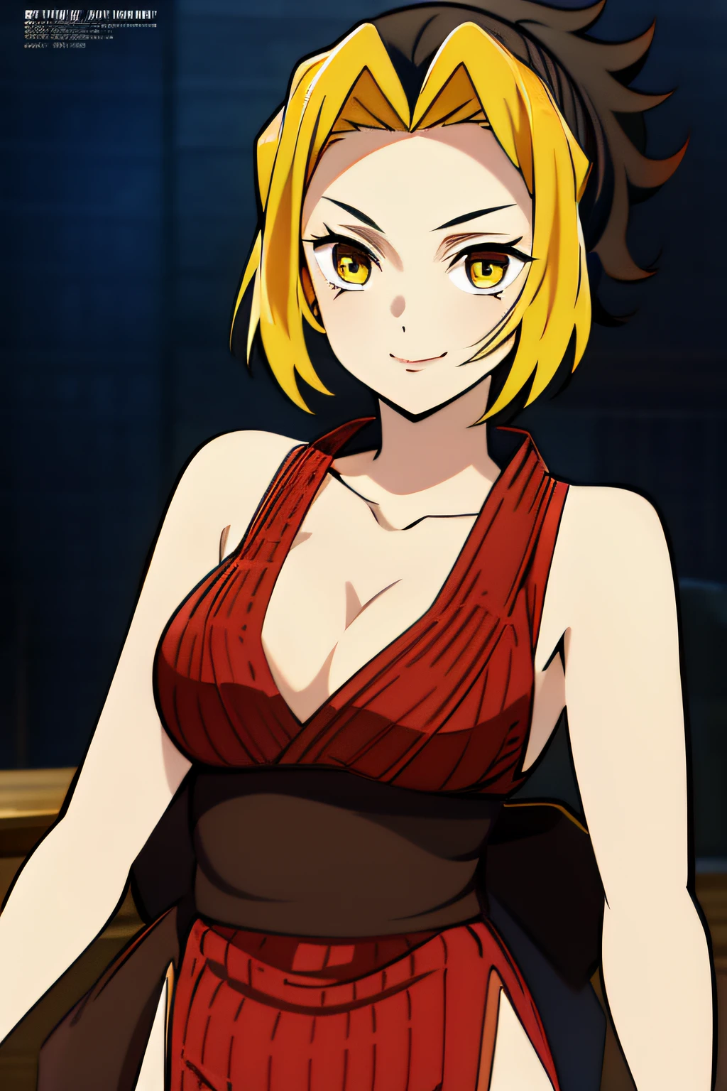 MAKIOKNY, blonde hair, two-tone hair, black hair, cleavage, bare shoulders, thighhighs, short hair, black legwear, sleveeless, side slit, collarbone, double slit, pelvic curtain, sleveeless kimono, short ponytail, multicolored hair, japanese clothes, obi, yellow eyes, lipstick, 1girl, solo, upper body, facing viewer, looking at viewer, smile.