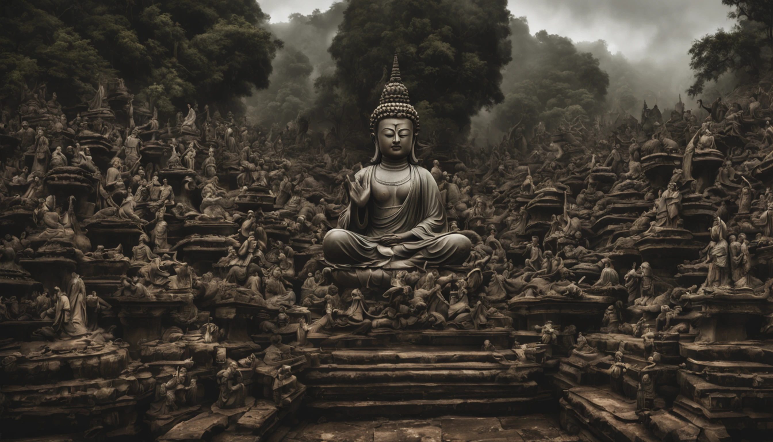 Paisagens chinesas antigas, ((Bodhisattva with a Thousand Hands)), temples, (mysterious black fog), Viagem ao Oeste, ((dead body)), ((Monstros antigos)), (arruinado), (campo de batalha)), (manchas de sangue), telhas esmaltadas, Buddha statue, Lanternas, Absurdidade, realistic lighting, (abismo) master part, alta qualidade, graphics beautiful, High detail,