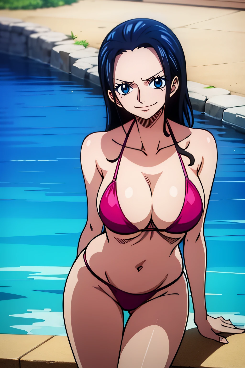 Robin de One Piece, Pose sexy, Y si , Elly, Premios rojo, 8k, anime, ribera, Gran Theta, grande, Se ve sexy perfecta calidad ojos ojos azules, Bikini rosa, Bikini rosa, cama, Casa, Noche, ojos azules,