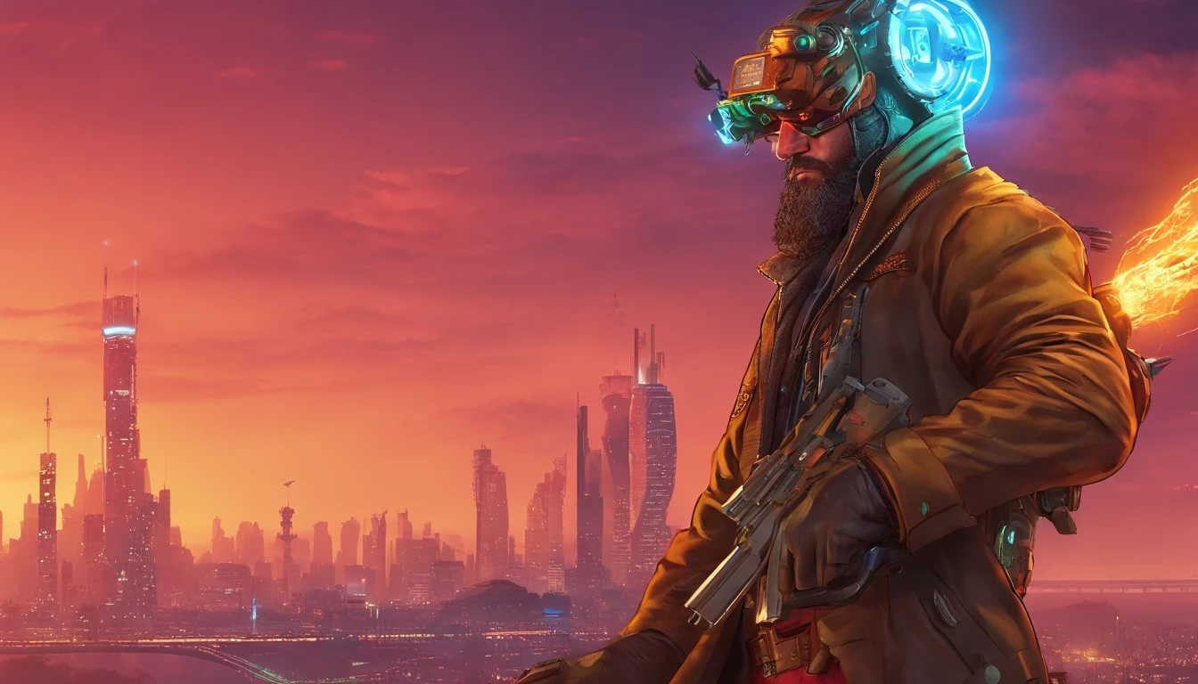 There's a man with a beard and hat with a machine, Cyber Steampunk 8 K 3D, Velho cyberpunk, Papel de parede solarpunk 4k, Arte digital altamente detalhada em 4k, cyber steampunk, soldado futurista, cyber space cowboy, epic scifi character art, sci - personagem de fi, Epic Sci - Arte do Personagem de Fi:, Epic Sci-Fi Character Art