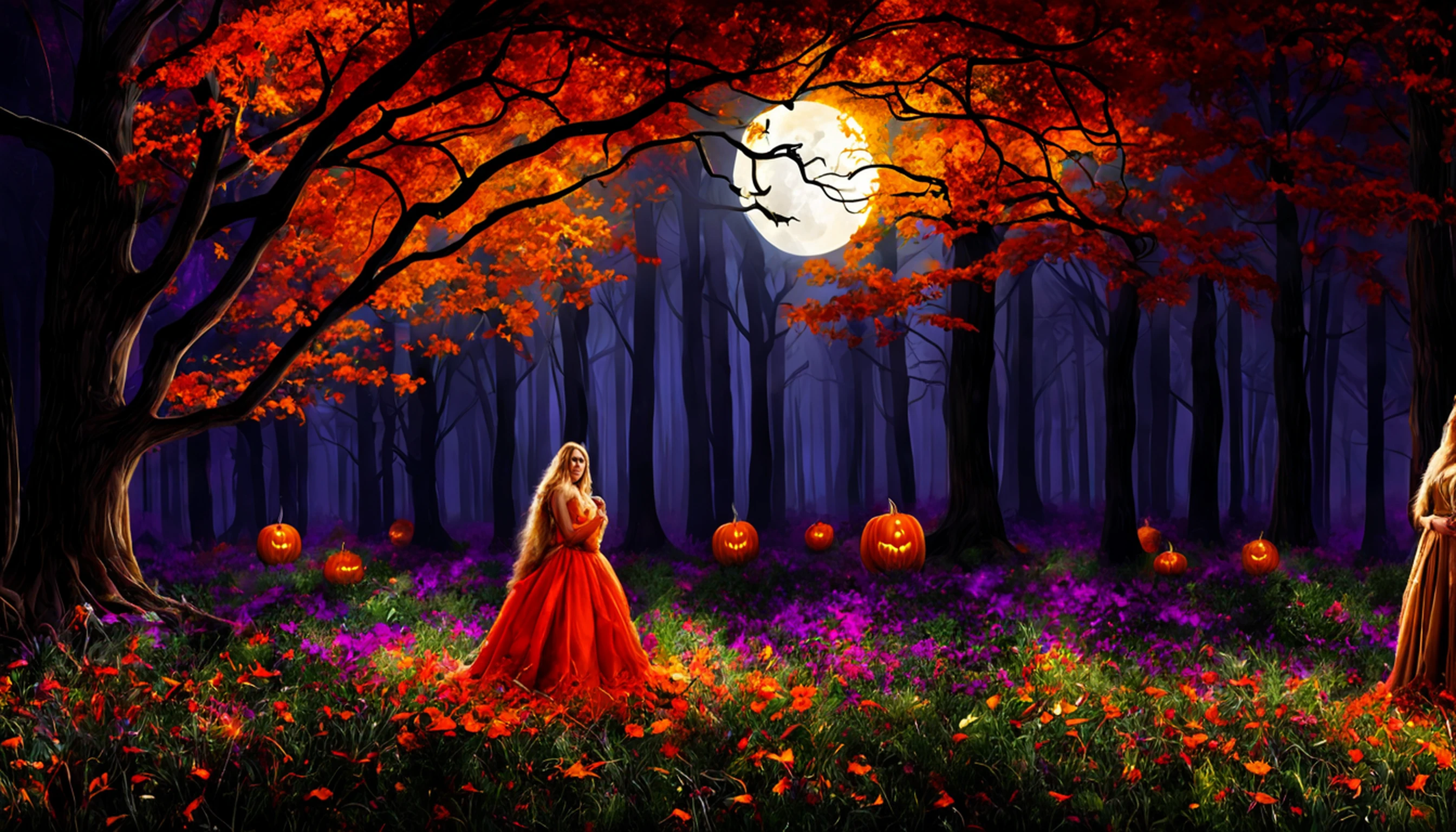 "(melhor qualidade, Altas, ultra-detalhado), The goddess of Halloween casting glowing mystical spells in a haunted forest, tons de laranja e roxo, Retratos, vivid colors, extreme detail description, foco nítido, Physically-based rendering, studio lighting, horror, bruxa, magica, atmosfera estranha, nevoeiro turbulento, ethereal glow, ancient trees, Galhos retorcidos, Glowing pumpkins, moonlit sky, sombras misteriosas, Fascinante, Encantadora, assombrosamente bela"