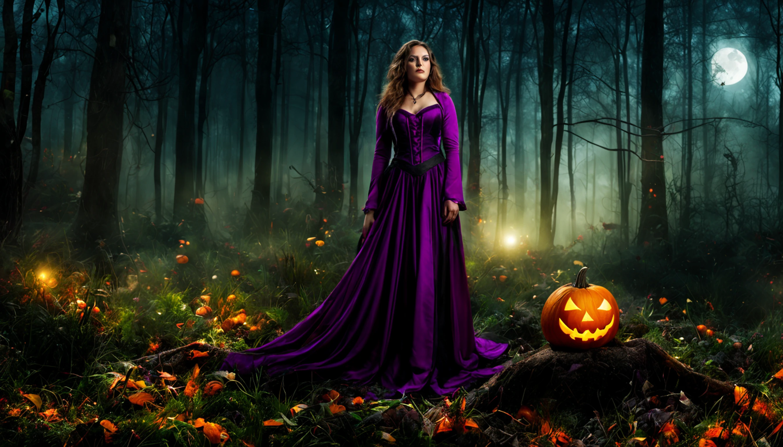 "(melhor qualidade, Altas, ultra-detalhado), The goddess of Halloween casting glowing mystical spells in a haunted forest, tons de laranja e roxo, Retratos, vivid colors, extreme detail description, foco nítido, Physically-based rendering, studio lighting, horror, bruxa, magica, atmosfera estranha, nevoeiro turbulento, ethereal glow, ancient trees, Galhos retorcidos, Glowing pumpkins, moonlit sky, sombras misteriosas, Fascinante, Encantadora, assombrosamente bela"