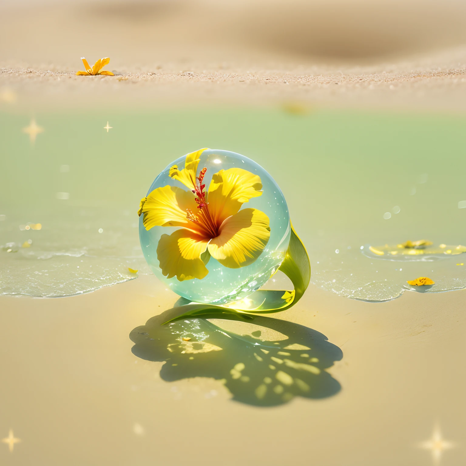 (Bague en forme d'hibiscus，Serti de diamants jaune)，brouillard transparent，The hemispherical shape looks down from the sky，fantaisiste，Artistiquement。Fond de sable de plage
