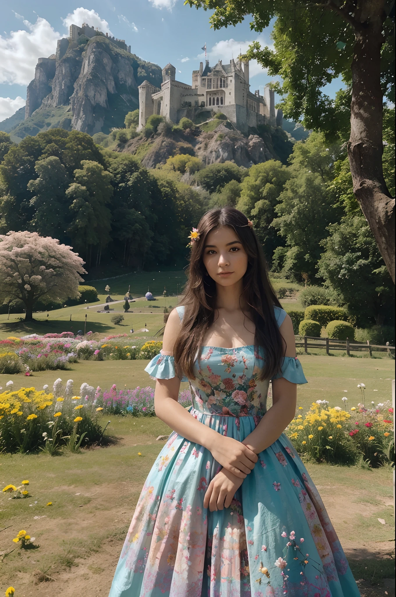 "Genera una impactante imagen de una chica con cabello de fuego en medio de un campo de flores multicolores. Al fondo, Castles stand in a mountainous landscape, mientras los dragones se enfrentan en el cielo sobre lagos de aguas tan claras como el cristal."