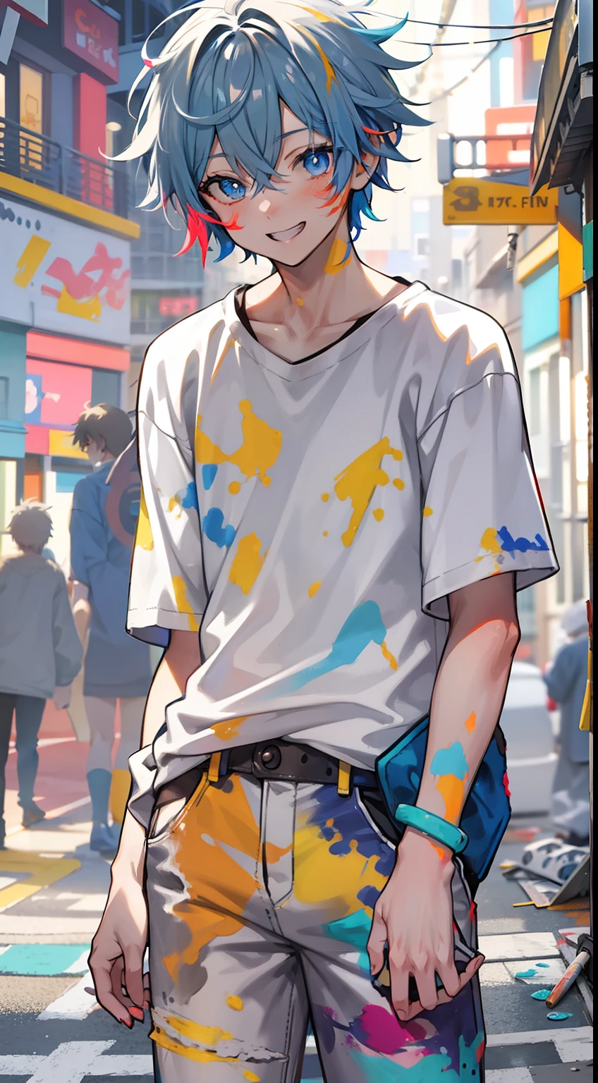 anime boy, face is full of paint, cute heartwarming smile, white ears, short messy hair, white shirt with paint stains, street background, neon style, with vibrant colors and sharp details
