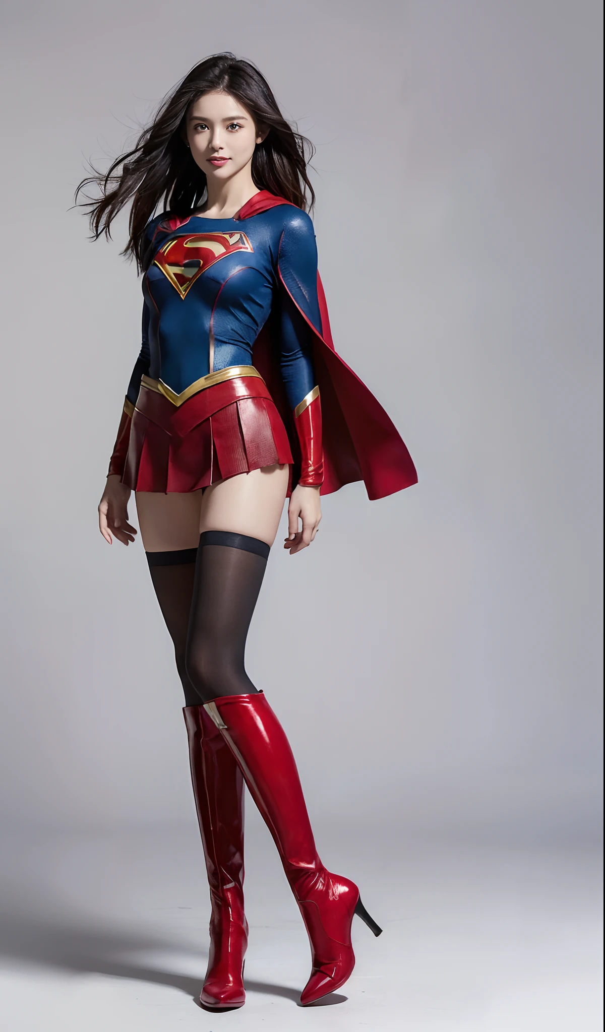 (((Wear black tights on your beautiful legs.)))、(((Grow legs、tall、beauty legs)))、(((facial expression of smile)))、((((Make the most of the original image)))、(((Supergirl Costume)))、(((beautiful hairl)))、(((Suffering)))、(((Feet must necessarily be worn with black tights)))、(((You need to wear red boots)))、((Top image quality、8K))、((top-quality、8K、​masterpiece:1.3))、(((Keep your background simple)))、Crisp focus:1.2、Beautiful woman with perfect body shape:1.4、Slender Abs:1.2、a wet body:1.5、Highly detailed facial and skin texture、8K