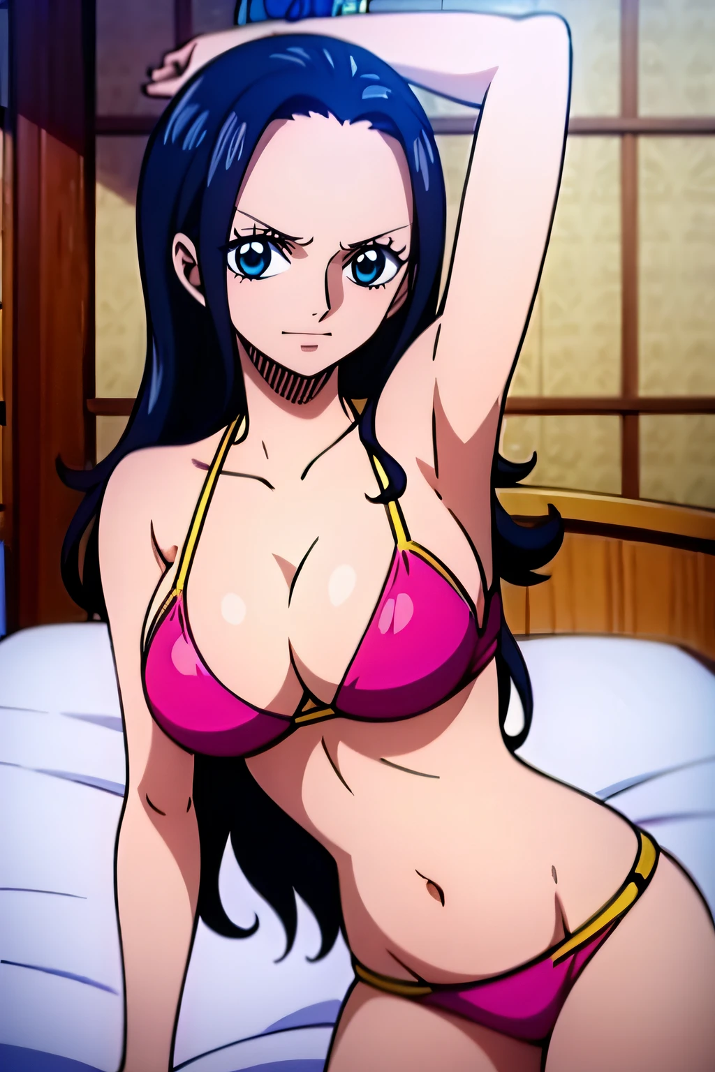 Robin de One Piece, Pose sexy, Y si , Elly, Premios rojo, 8k, anime, ribera, Gran Theta, grande, Se ve sexy perfecta calidad ojos ojos azules, Bikini rosa, Bikini rosa, cama, Casa, Noche
