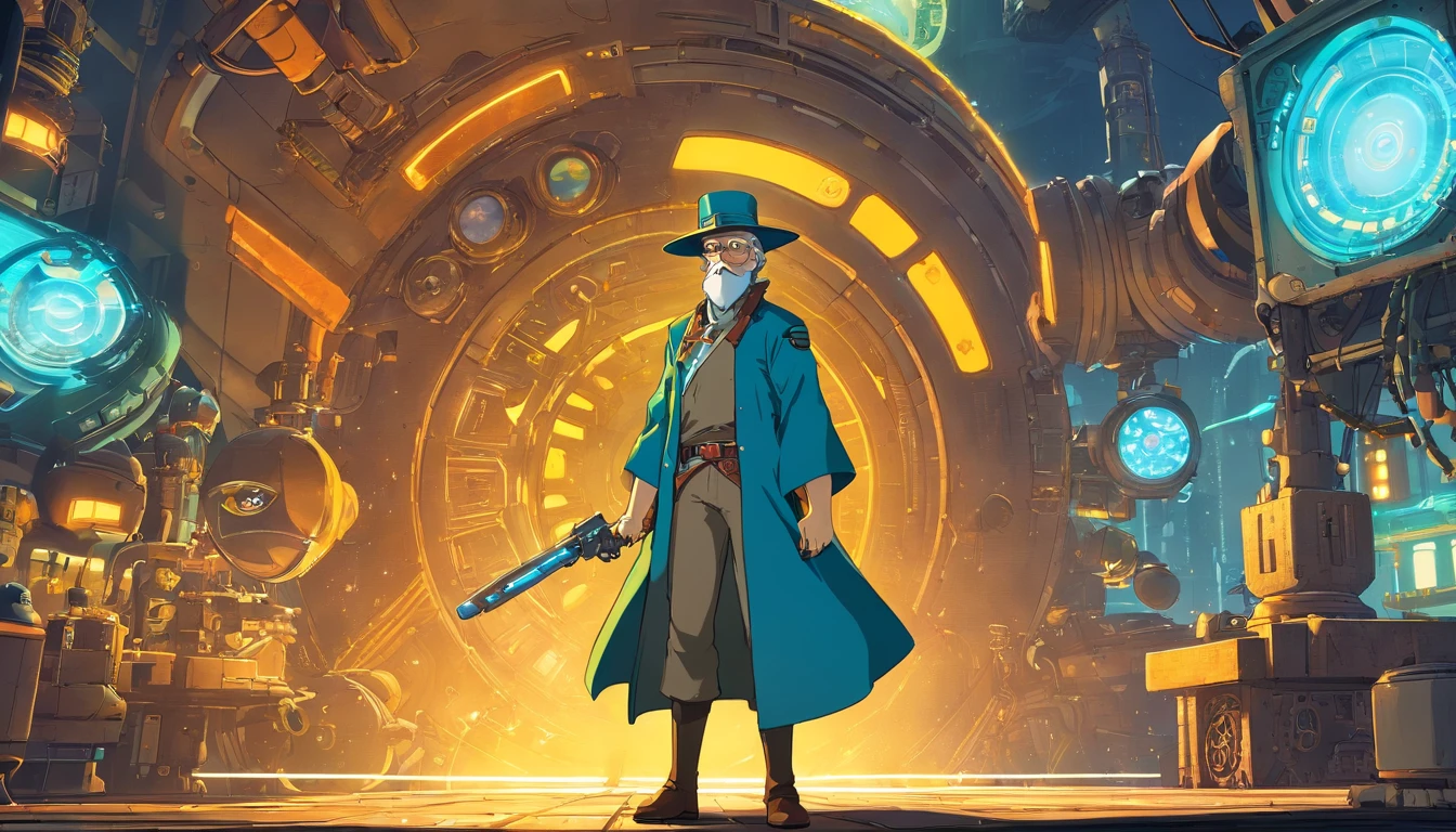 There's a man with a beard and hat with a machine, Cyber Steampunk 8 K 3D, Velho cyberpunk, Papel de parede solarpunk 4k, Arte digital altamente detalhada em 4k, cyber steampunk, soldado futurista, cyber space cowboy, epic scifi character art, sci - personagem de fi, Epic Sci - Arte do Personagem de Fi:, Epic Sci-Fi Character Art