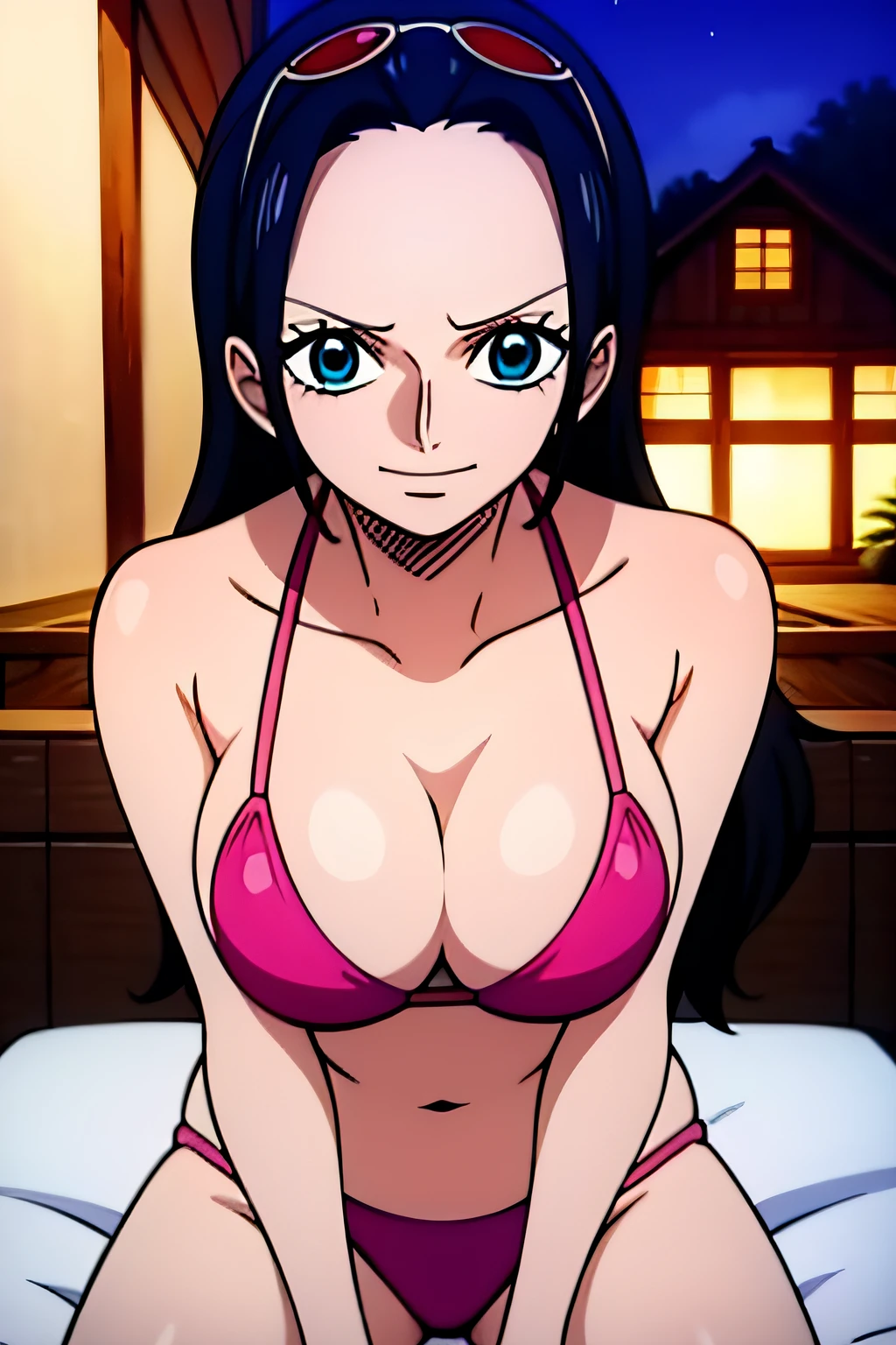 Robin de One Piece, pose sexy, Y si , Elly, Sari rojo, 8k, anime, ribera, teta grande, grande, Se ve sexy perfecta calidad ojos ojos azules, bikini rosa, pink bikini, bed, house, night, blue eyes,