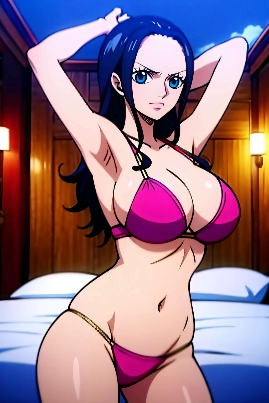 Robin de One Piece, Pose sexy, Y si , Elly, Premios rojo, 8k, anime, ribera, Gran Theta, grande, Se ve sexy perfecta calidad ojos ojos azules, Bikini rosa, Bikini rosa, cama, Casa, Noche