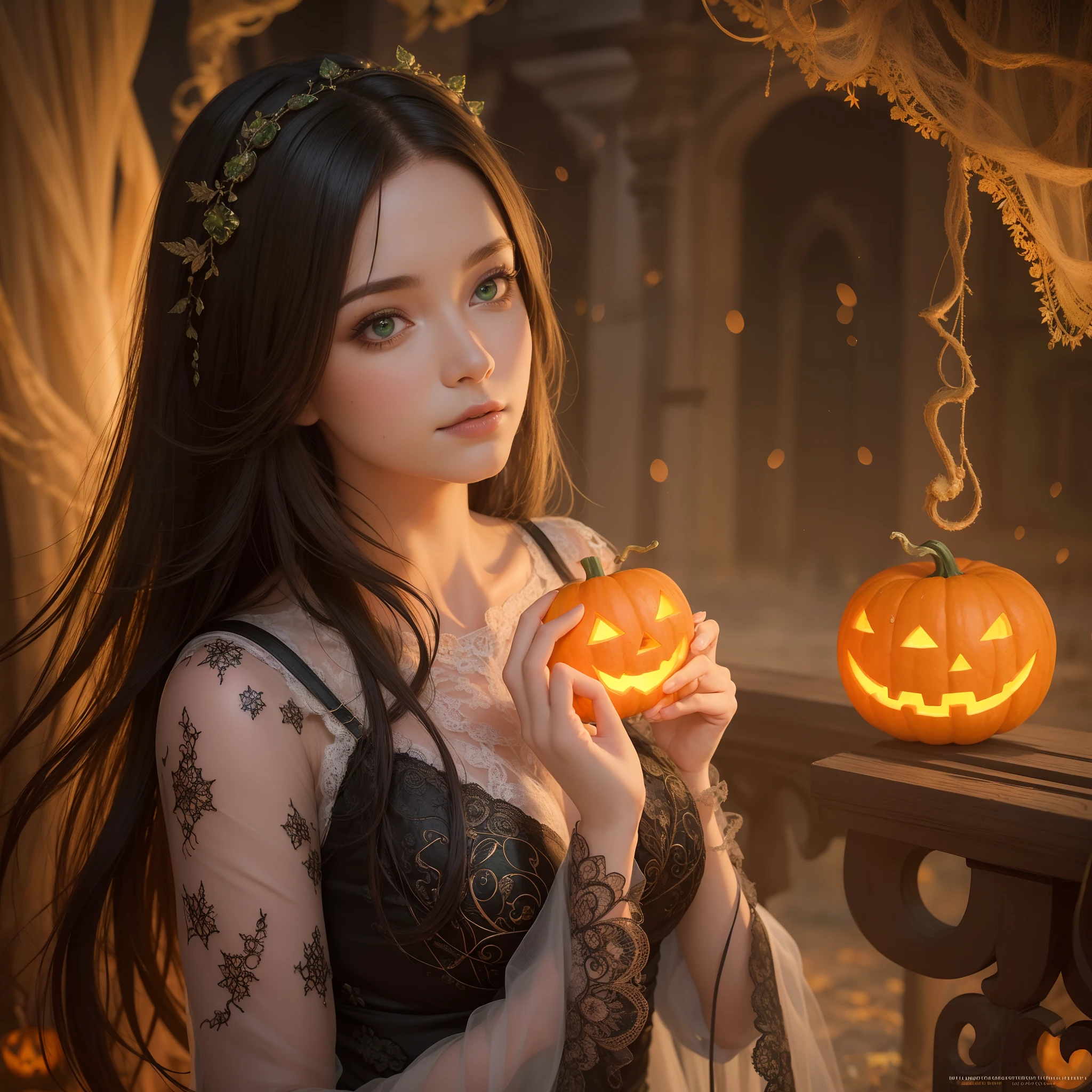(best quality,4k,8k,highres,masterpiece:1.2),ultra-detailed,(realistic,photorealistic,photo-realistic:1.37), HDR, UHD, studio lighting, ultra-fine painting, sharp focus, physically-based rendering, extreme detail description, professional, vivid colors, bokeh, portraits, Halloween-themed, autumnal color palette, glowing Jack-o'-lanterns, spooky atmosphere, misty streets, cobblestone roads, ancient buildings, moonlit sky, intricate lace patterns on the woman's dress, vibrant orange, deep green, and eerie green hues, intricately carved pumpkins, flickering candlelight, mystical fog, leaf-covered ground, wind-blown leaves, hauntingly beautiful expression on the woman's face, exquisite makeup, long flowing hair, mesmerizing green eyes, darkened shadows, captivating smile, magical aura, enchanted woodland creatures, bats flying in the night sky, mystical symbols and runes, spellbinding pose, captivating gaze, mysterious background figures, bewitching charm, timeless beauty, perfect figure