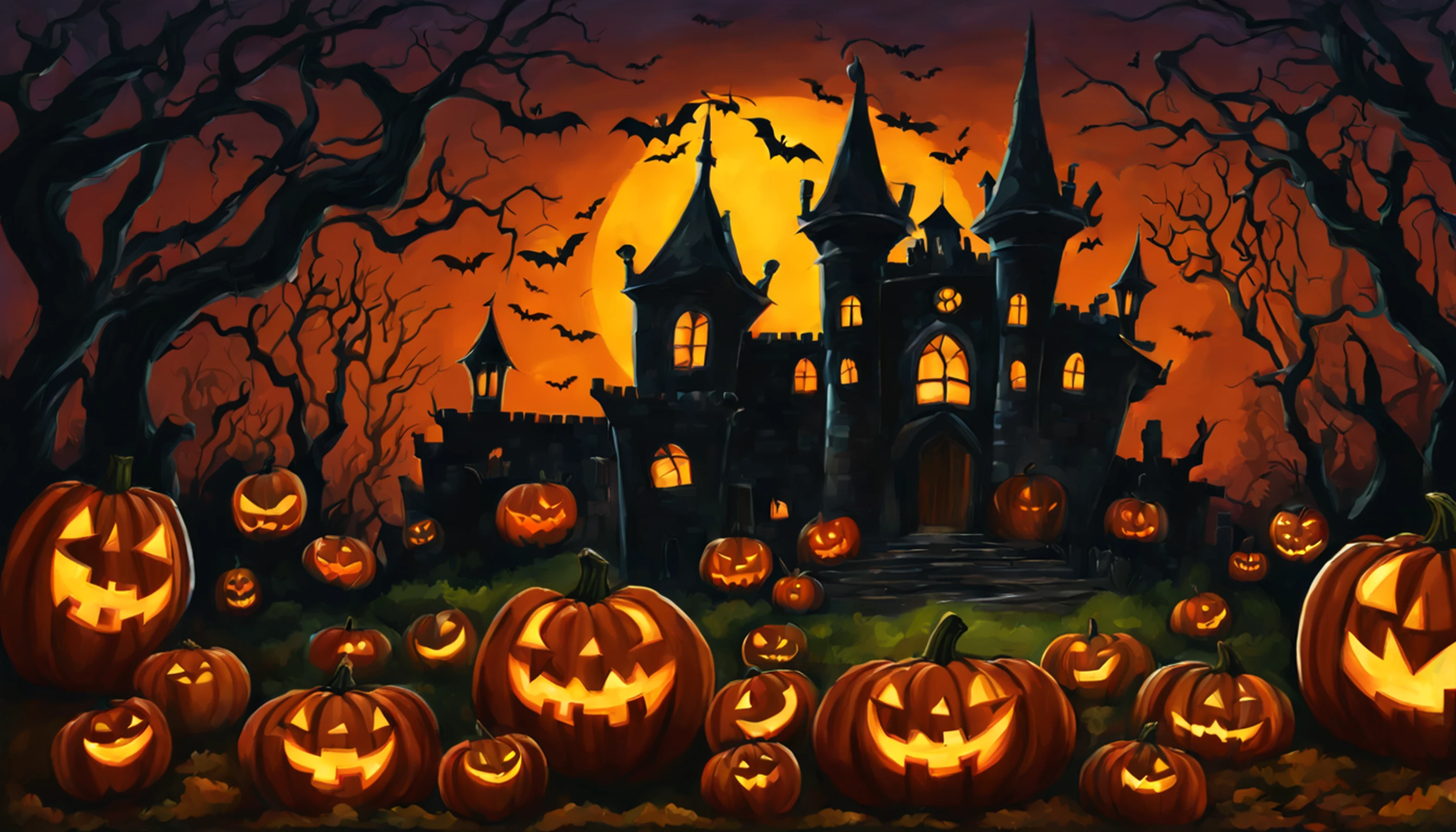um pumkin que tem olhos e boca, tema halloween, dynamic atmosphere , dramatic scene, Foto de Halloween, illustration style, oilpainting style, arte daviant, Castelo velho brilhante de Bigh no fundo distante,