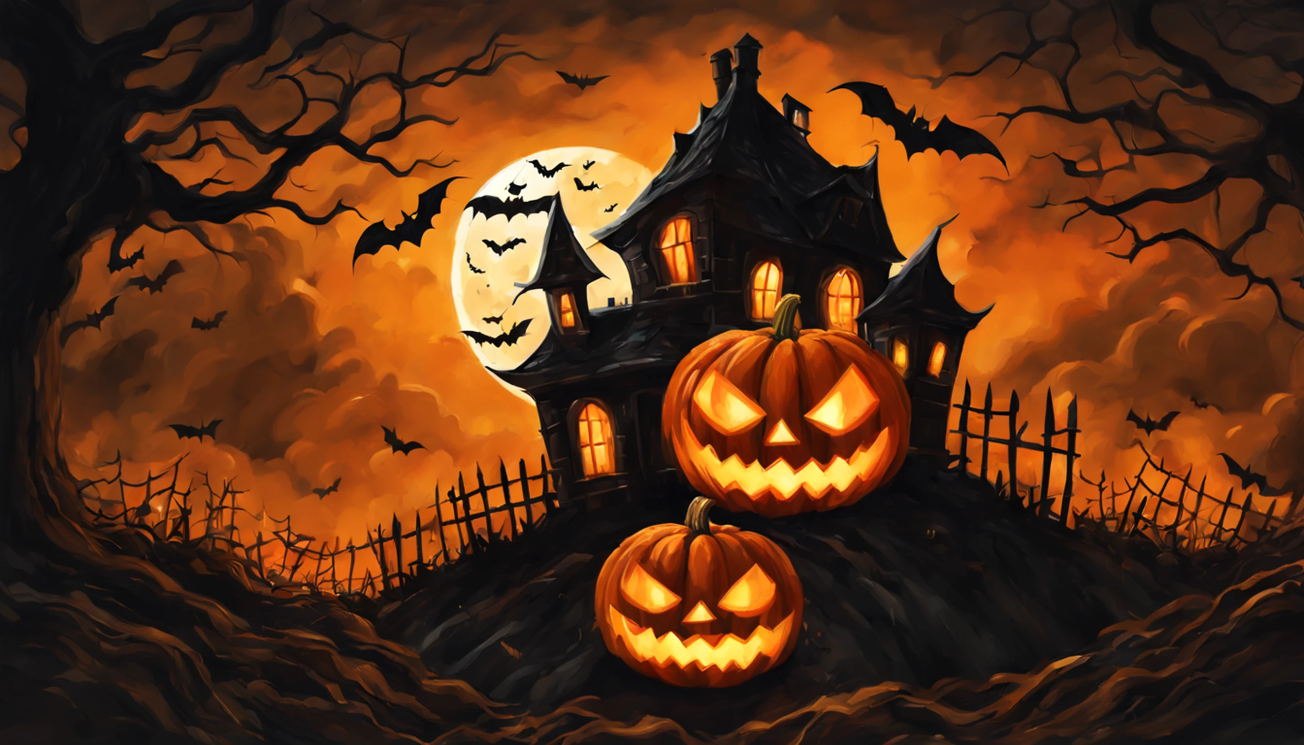 um pumkin que tem olhos e boca, tema halloween, dynamic atmosphere , dramatic scene, Foto de Halloween, illustration style, oilpainting style, arte daviant, Castelo velho brilhante de Bigh no fundo distante,