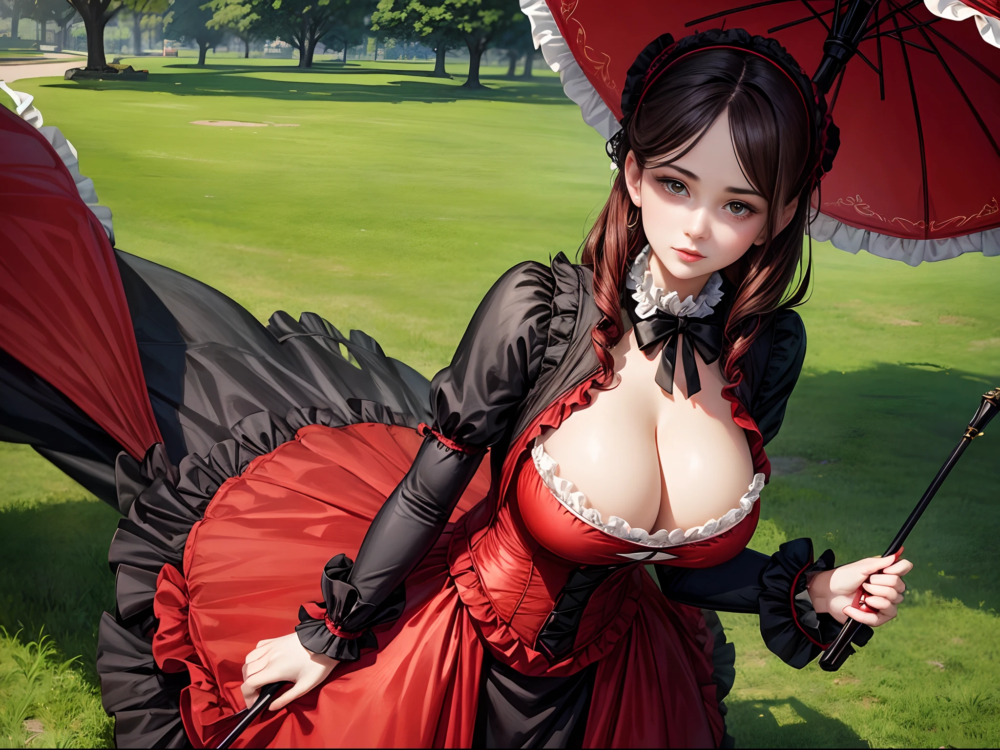 A proper young woman in Victorian times with enormous breast and sexy curves wearing a red and black Victorian era dress carrying a red and black parasol to match the dress in the park catching the eyes of every man around her.