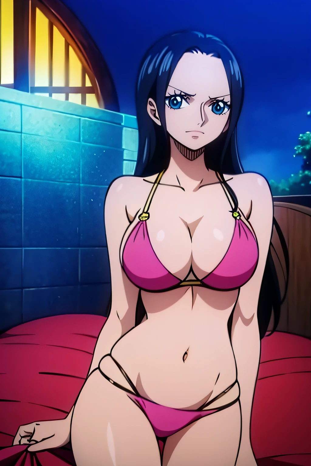 Robin de One Piece, Pose sexy, Y si , Elly, Premios rojo, 8k, anime, ribera, Gran Theta, grande, Se ve sexy perfecta calidad ojos ojos azules, Bikini rosa, Bikini rosa, cama, Casa, Noche