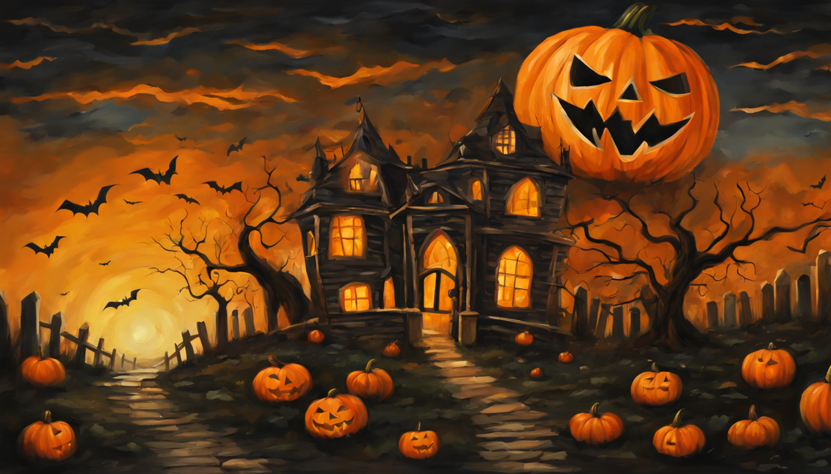 um pumkin que tem olhos e boca, tema halloween, dynamic atmosphere , dramatic scene, Foto de Halloween, illustration style, oilpainting style, arte daviant, Castelo velho brilhante de Bigh no fundo distante,