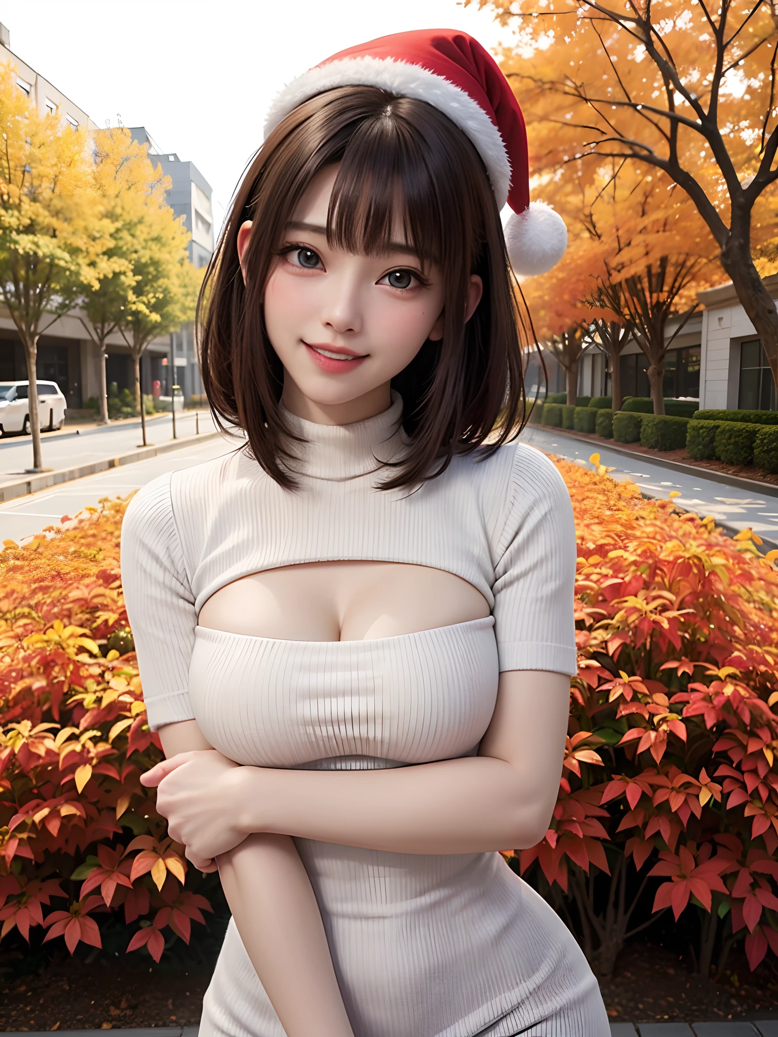 (masutepiece:1.4, top-quality、Very attractive adult beauty with a very cute smile:1.4、Add intense highlights to the eyes:1.4、Look firmly at the camera、Beautiful woman full of adult charm:1.4),1girl in, 独奏, Light brown shiny hair, muffler,Santa Claus hat:1.4,realisitic, looking at the viewers, Bright colored crystal light blue eyes:1.4, short shiny hair, Santa Claus Starneck Knit、 Red and white costume of Santa Claus in turtleneck with round hole in the center of the chest:1.4,Sexy red and blue turtleneck knit sweater with round hole in the center of chest:1.4、 s lips, lipgloss:1.4,bangss, The upper part of the body、big eye、Lashes、The face is a little red:1.4、Embarrassing)、((Canadian tree-lined avenues in autumn:1.4))、((Shorthair with bangs、big eye、Put very strong highlights in your students:1.4、{Gigantic|Big|Huge|Mega} breasts:1.4、very Bigger breasts、gazing at viewer、Very beautiful beauty、Put your ears out:1.4、long neck:1.4、little smiling、Beautiful teeth、Open your mouth and smile:1.4))、28 year old:1.4、Very cute supermodel:1.4、