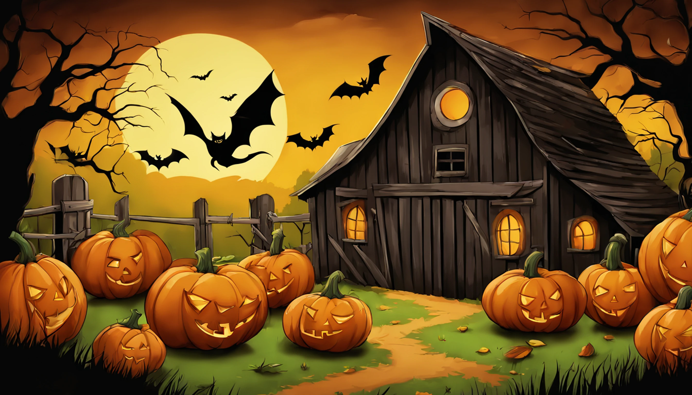 imaginar/illustration for book, fun, Spooky Halloween scene with pumpkins and bats and a barn for fun, inspirado em desenhos animados, linhas grossas, baixo detalhe, vivid color.
